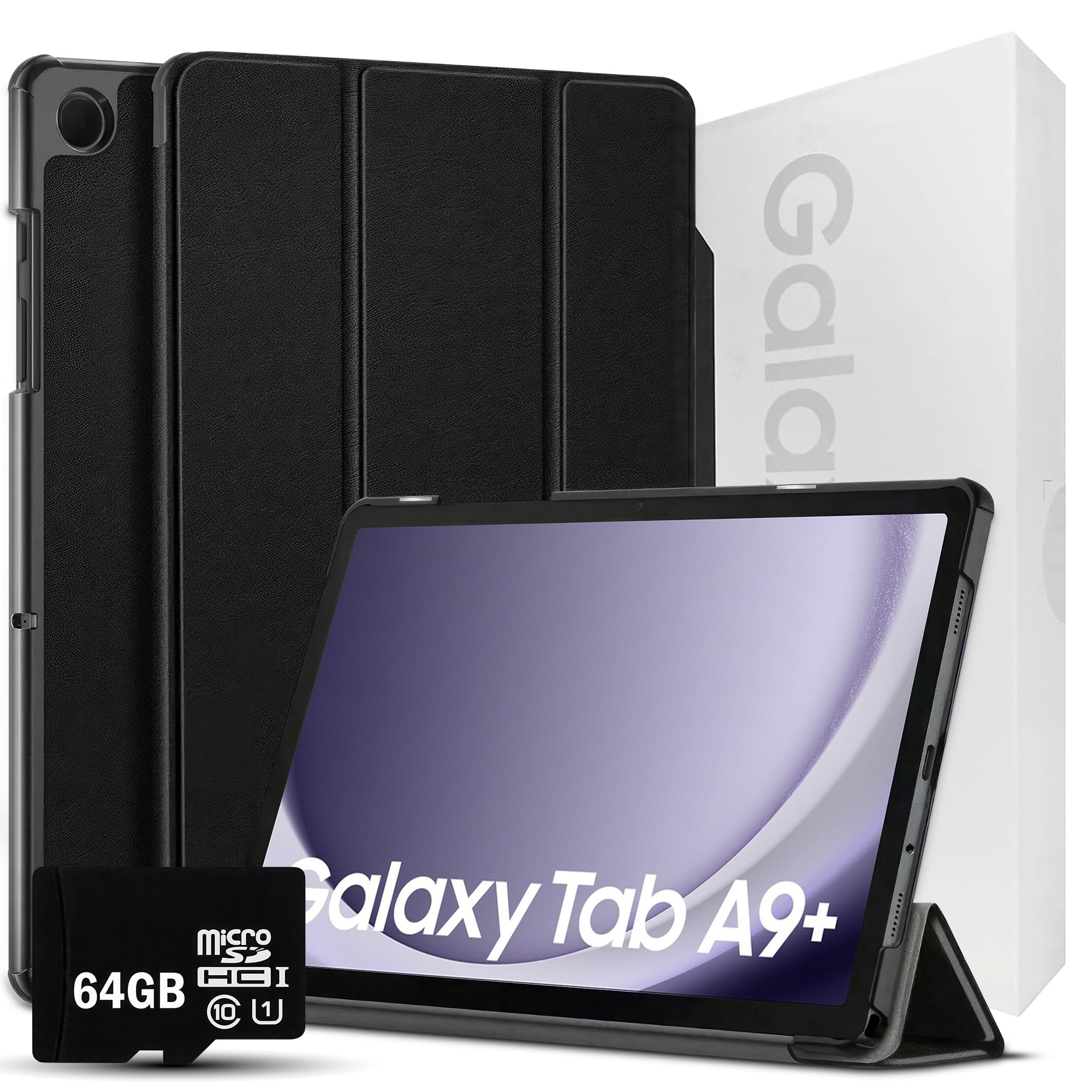 Samsung 2024 Galaxy Tab A9+ 11” 128GB 5G | Android 13 WiFi Touchscreen International | Big Screen, Quad Speakers, Slim | Tablet Bundle - Hard Back Trifold Stand Case + 64GB SD Card (Grey) | MdTec