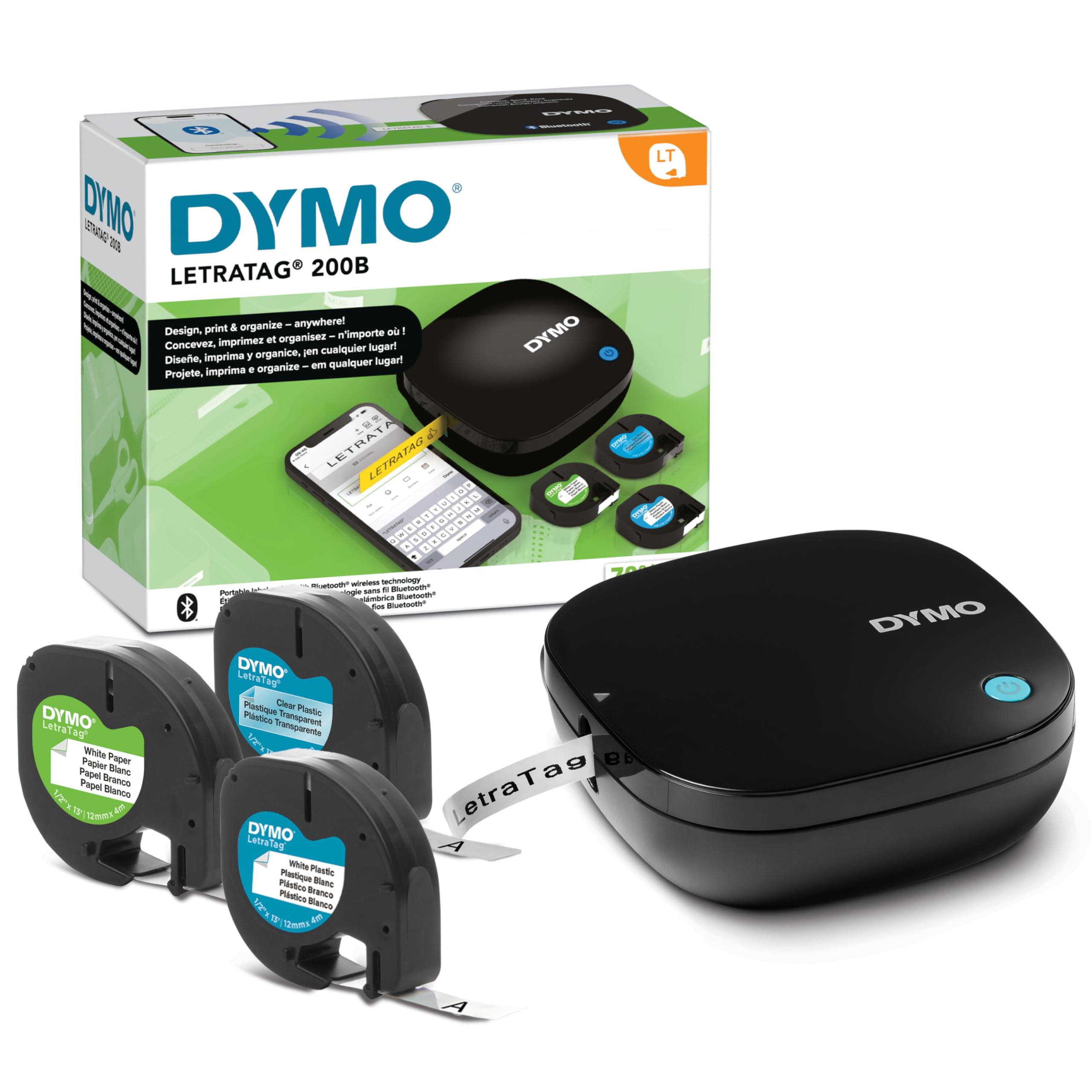 DYMO LetraTag 200B Bluetooth Compact Label Maker Value Pack, Wireless Connection to iOS and Android, Includes 3 Assorted Label Tapes