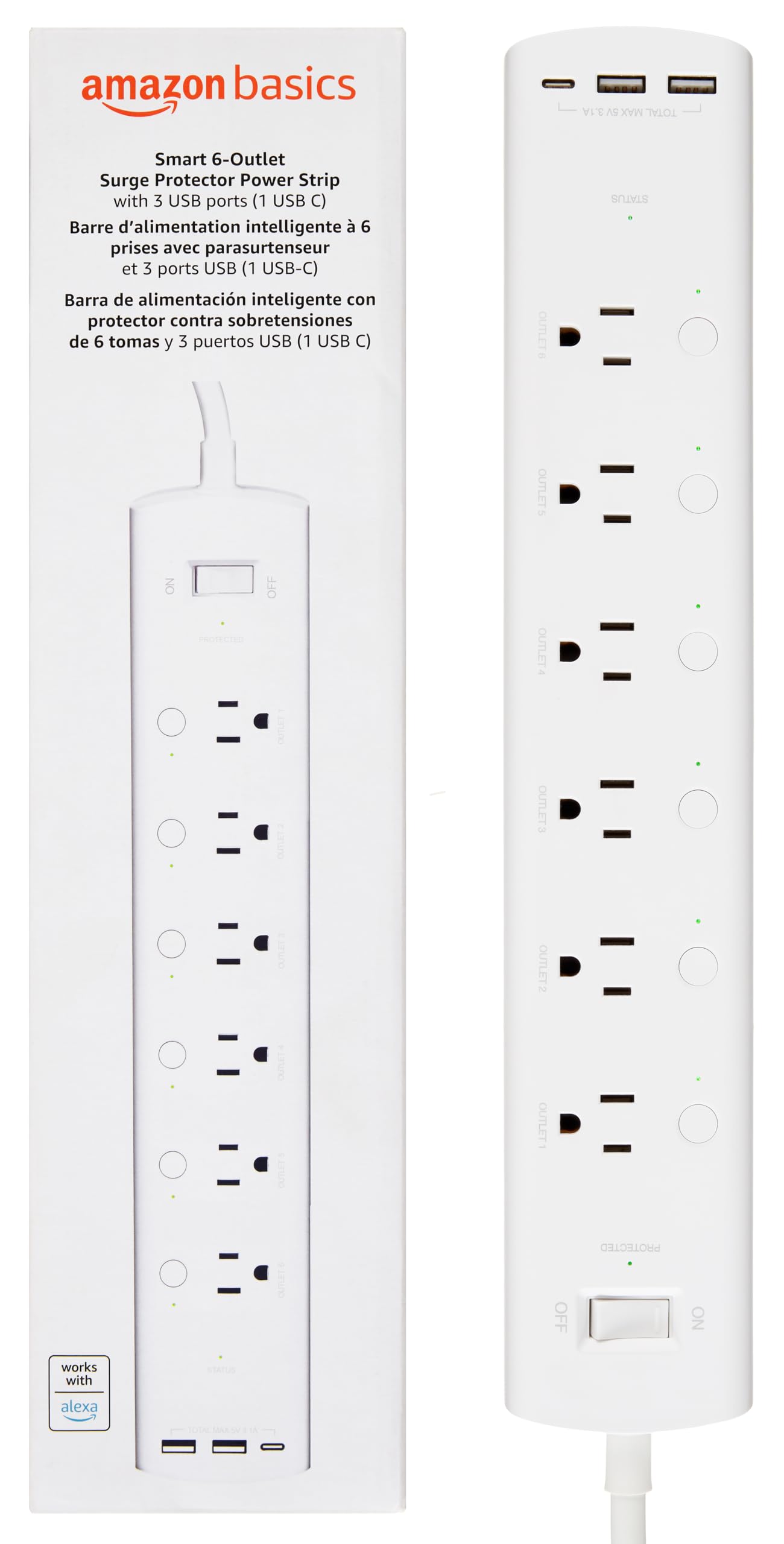 Amazon Basics Smart Plug Power Strip with 6 Individually Controlled Outlets and 3 USB Ports (2 USB-A and 1 USB-C), Works with Alexa Only, 2.4 GHz Wi-Fi, No Hub Required, White