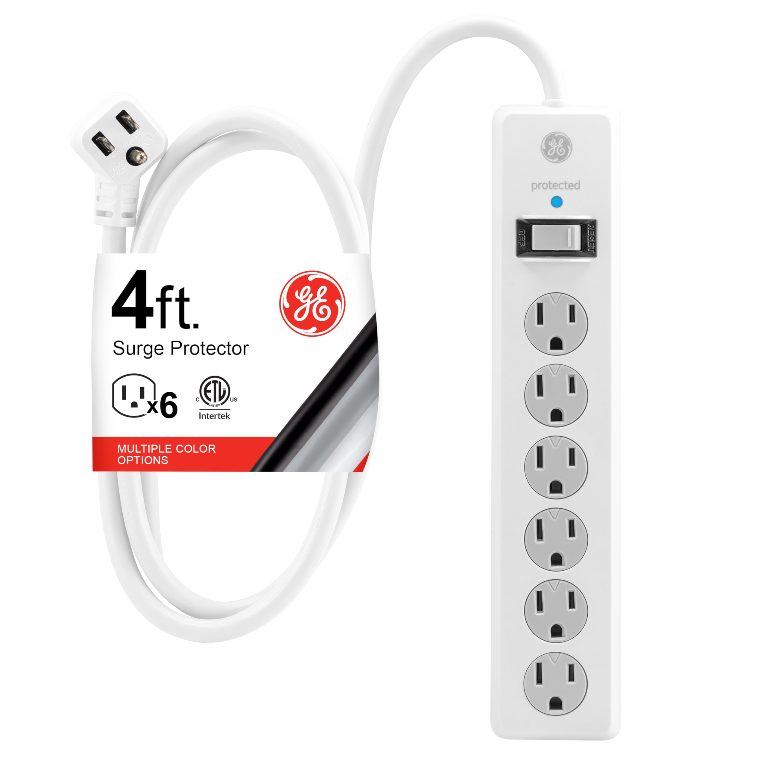 GE 6-Outlet Surge Protector, 4 Ft Extension Cord, Power Strip, 800 Joules, Flat Plug, Twist-to-Close Safety Covers, Protected Indicator Light, ETL Listed, White, 33658