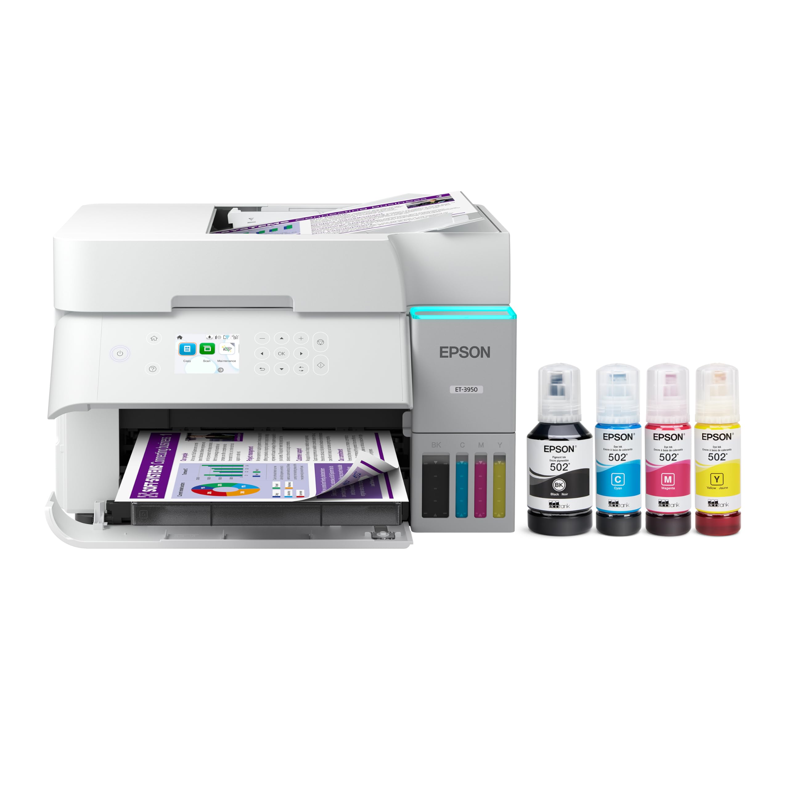 Epson EcoTank ET-3950 Wireless All-in-One Color Supertank Printer with up to 3 Years of Ink, Refillable Tanks, Perfect for Home Office, 18 PPM, 2.4" Color Screen, Auto Document Feeder – White
