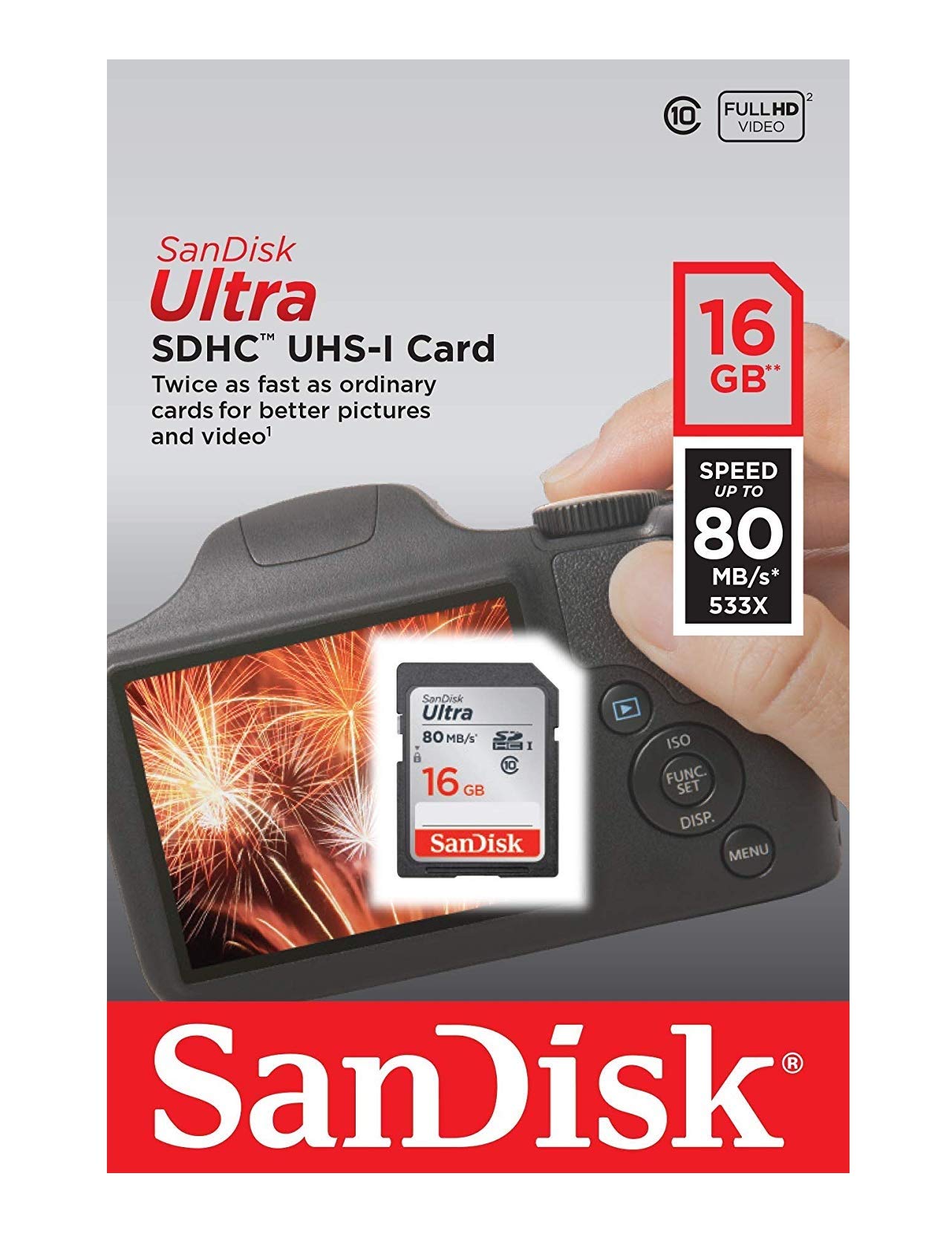 SanDisk Ultra 16GB Class 10 SDHC Memory Card Up to 80MB/S- SDSDUNC-016G