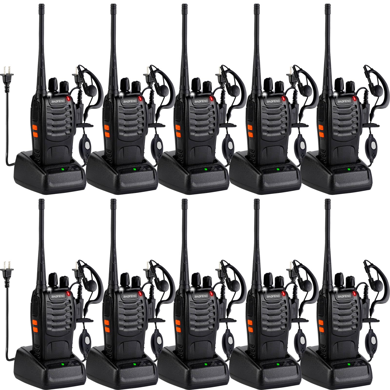 Baofeng Walkie Talkies 888S Rechargeable Long Range with Earpieces for Adults, 16 Channel Professional Radio Handheld Two Way Radios Li-ion Battery and Charger Included (10pack with 10earpiece)
