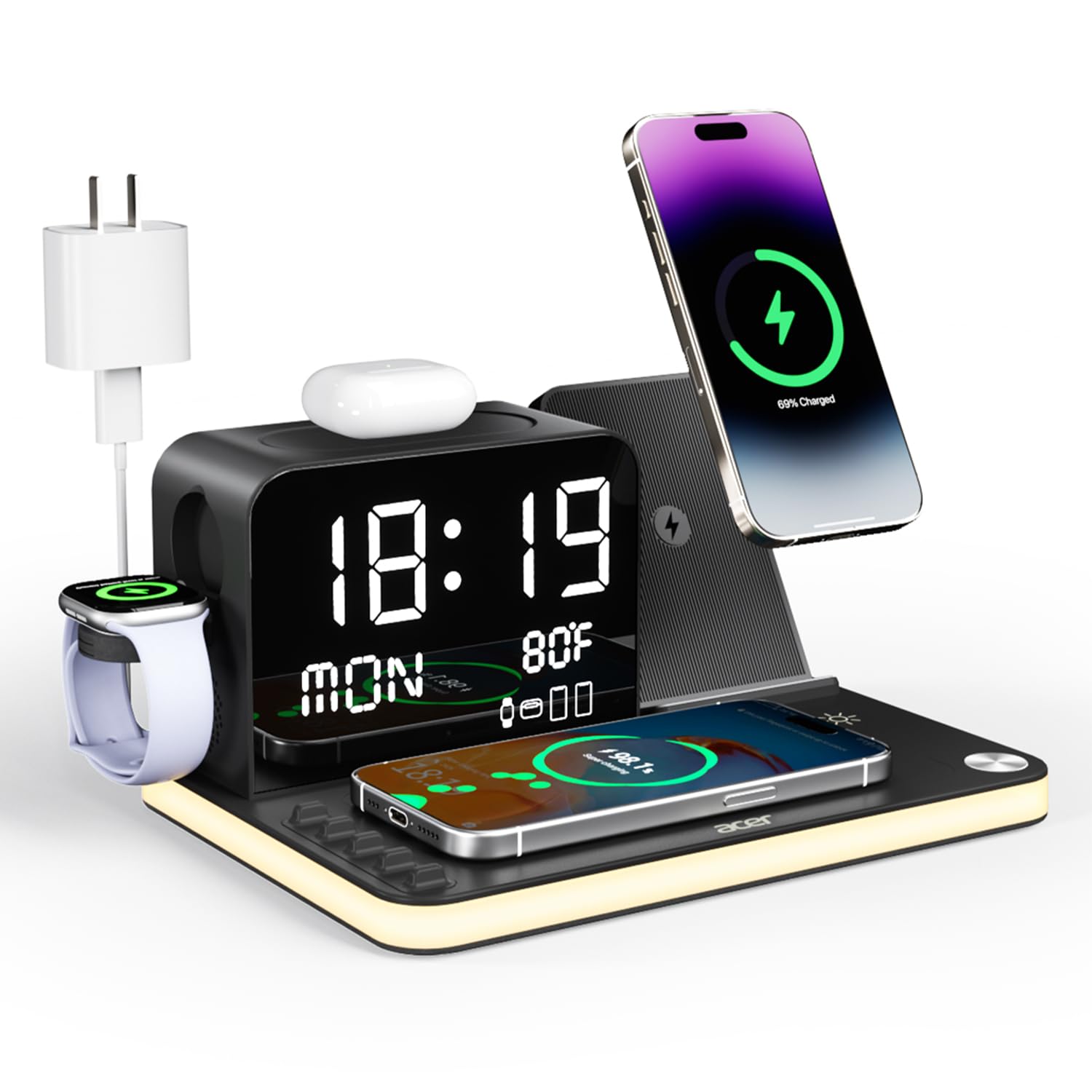 acer 7-in-1 Wireless Charging Station: Charger Stand for Multiple Devices for Apple - iPhone 16 15 14 13 12 Pro Max Apple Watch Airpods, Wireless Charger iPhone Charging Station with Bluetooth TimeSyn