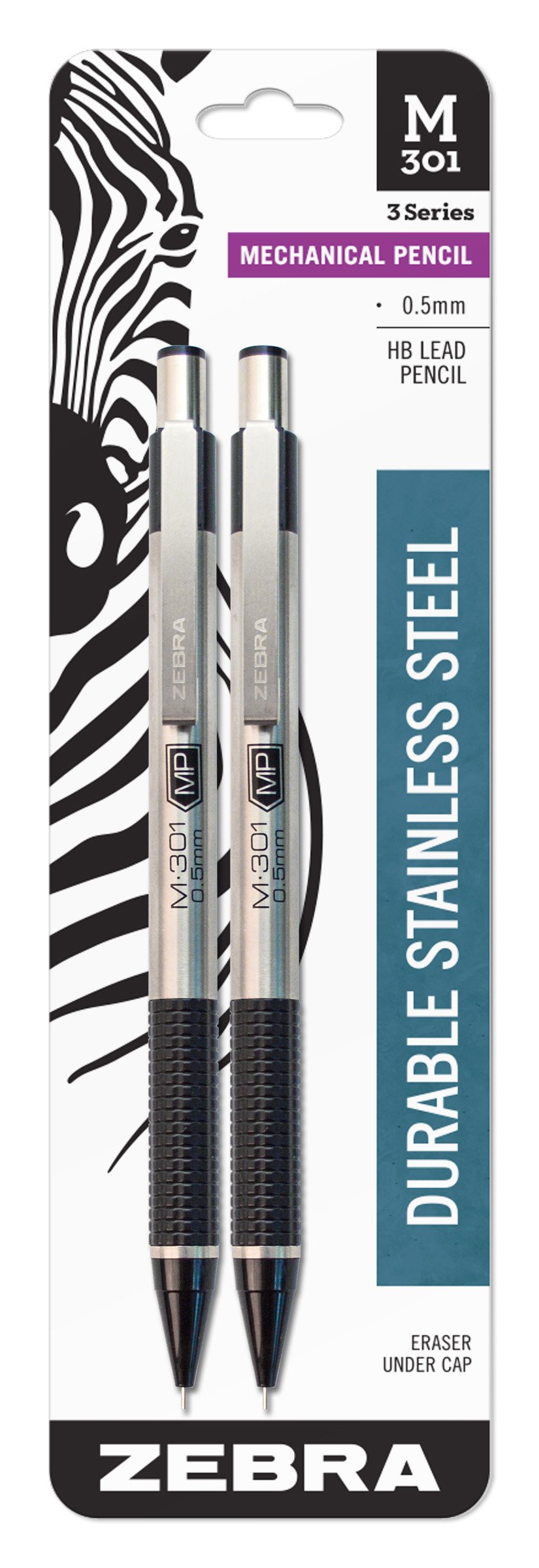 Zebra Pen M-301 Stainless Steel Mechanical Pencils .5mm, Fine Point, 2-Pack (54012)