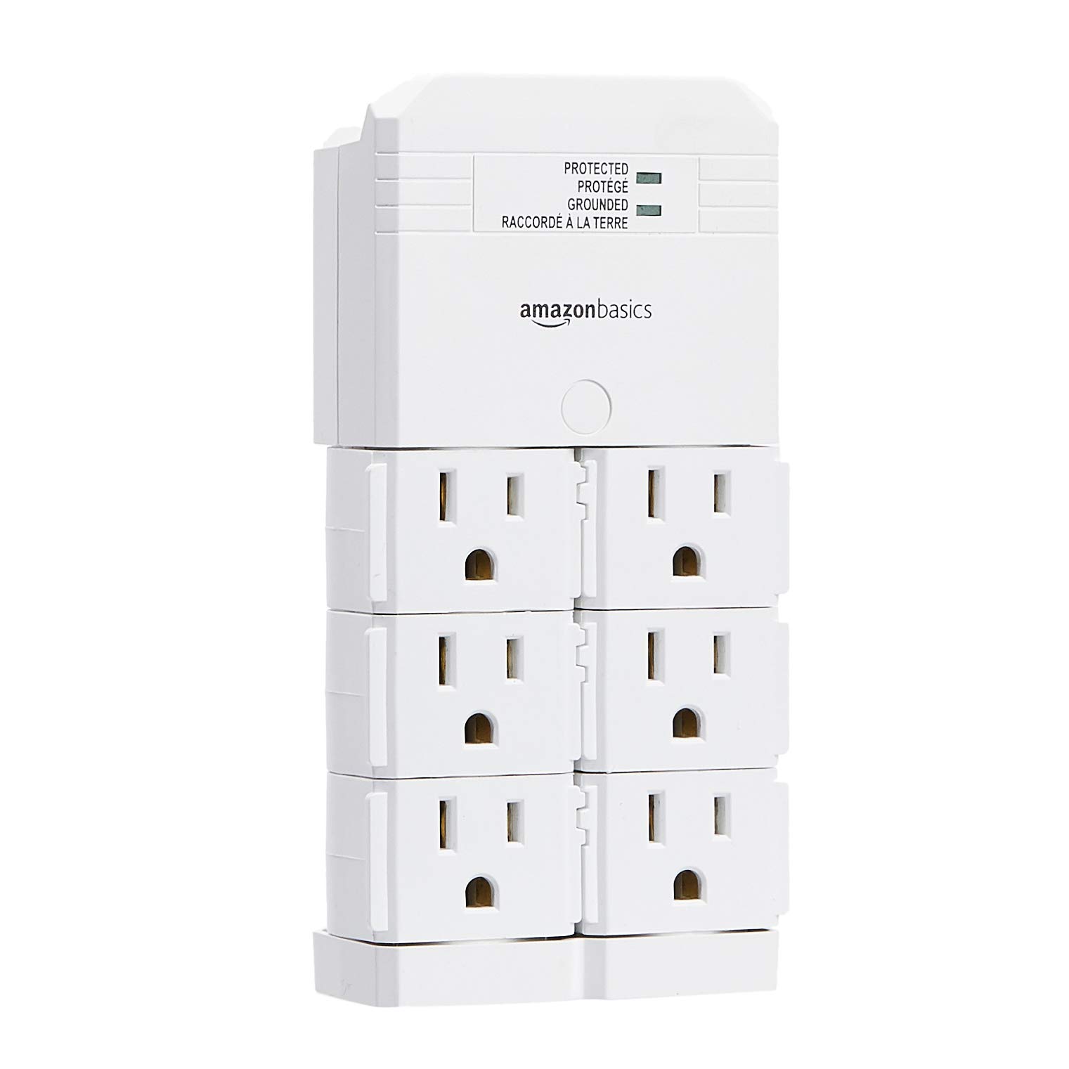 Amazon Basics 6-Outlet Surge Protector Wall Mount Extender, 1080 Joules, Rotating Design- White