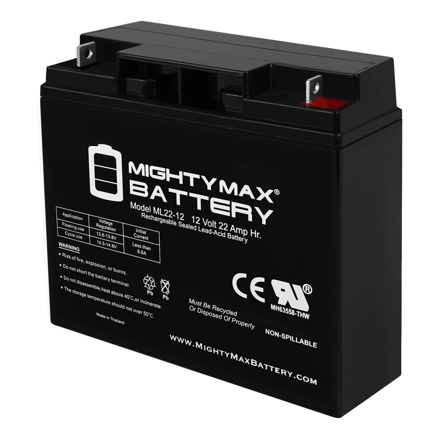 Mighty Max Battery Mighty Max Battery ML22-12 - 12 Volt 22 AH, Nut and Bolt (NB) Terminal, Rechargeable SLA AGM Battery