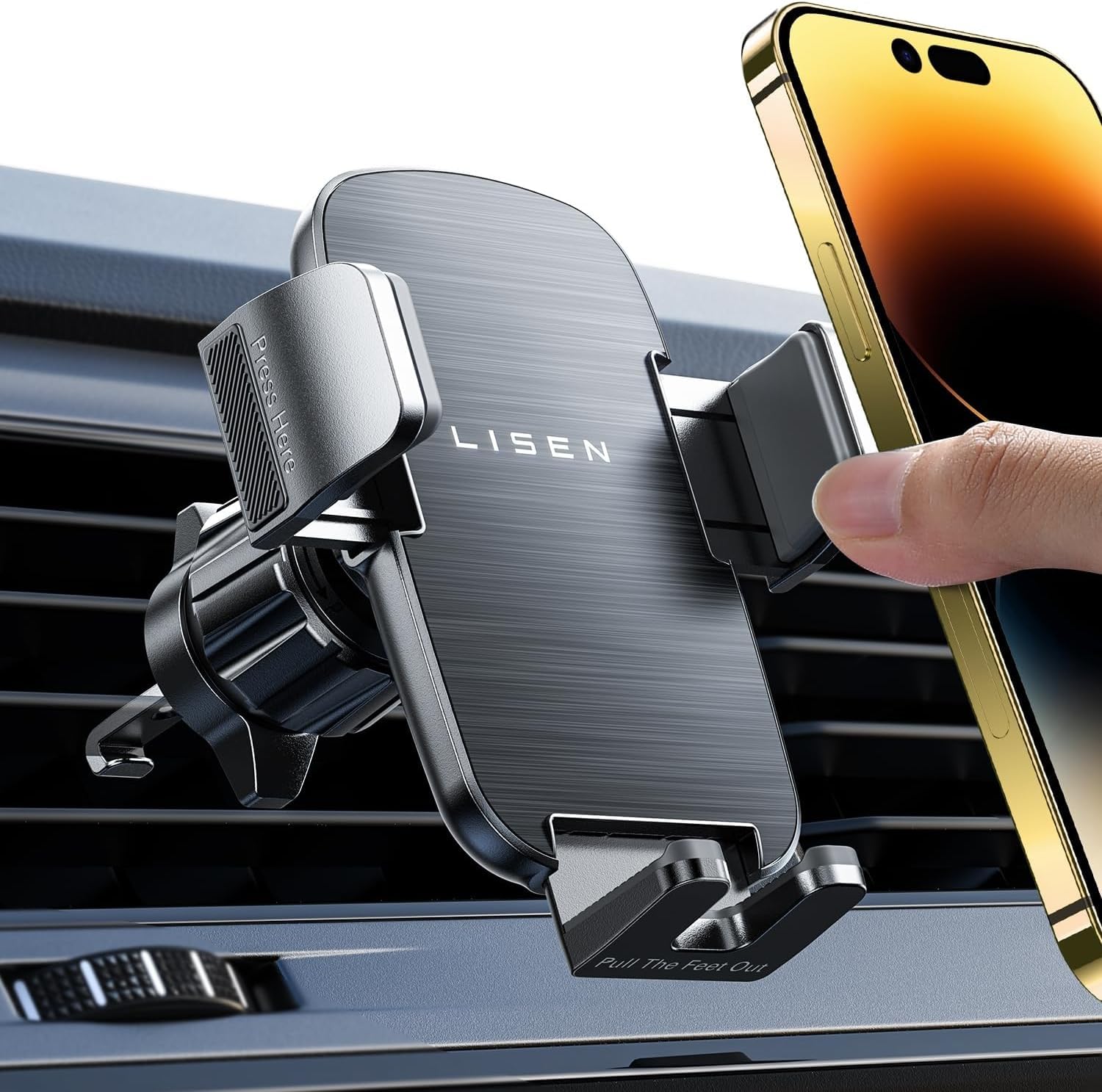 LISEN 2025 Car Phone Mount, Phone Holders for Your Car [Thick Cases Friendly] Car Phone Holder Air Vent Wider Clamp & Metal Hook Cell Phone Car Mount for iPhone Pro Max Samsung Smartphones