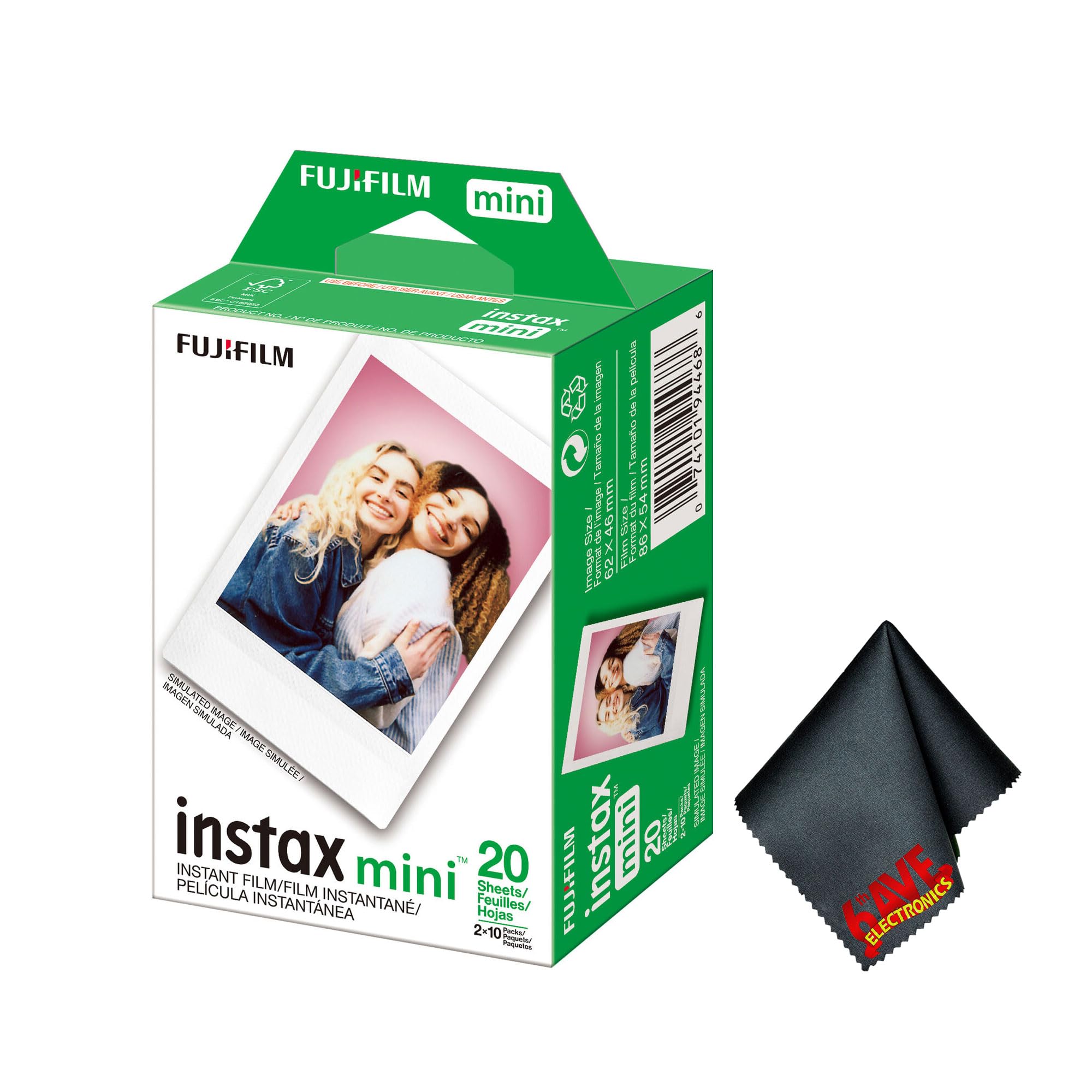 Fujifilm Instax Mini Instant Camera Film (20 Photo Exposure) Bundle with 6AVE Microfiber Cleaning Cloth