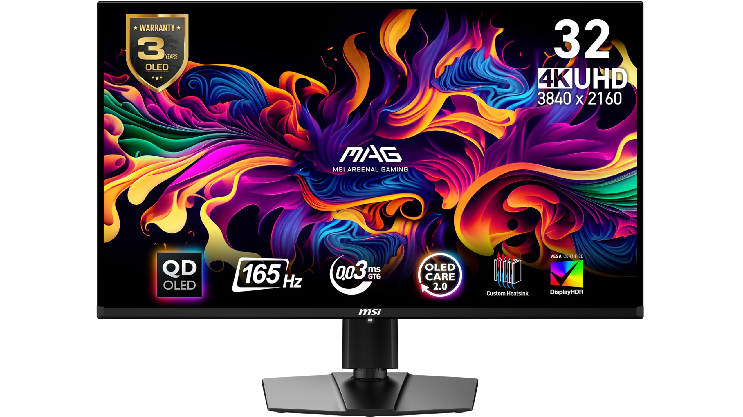 MSI MAG 321UP QD-OLED 32-inch QD-OLED 3840 x 2160 (UHD) Computer Monitor, 165Hz, Adaptive-Synch, HDMI, Display Port, VGA Port, VESA Mountable, Tilt, Height Adjustable, Speaker, 0.03ms, Black