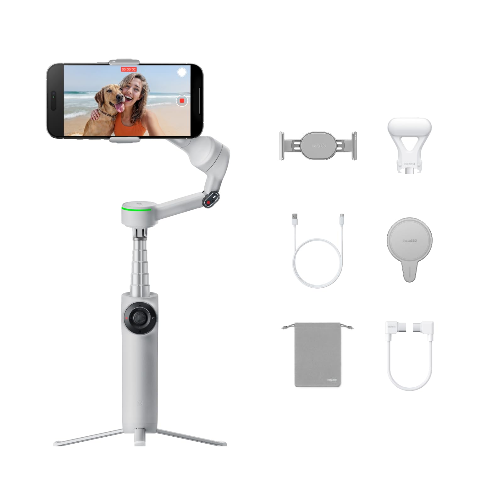 Insta360 Flow 2 Pro Creator Bundle Grey - Foldable AI Phone Gimbal, Apple DockKit, 360º Pan Tracking, Free Tilt Mode, Built-in Tripod/Selfie Stick, Portable Vlog/Travel Stabilizer, Spotlight, MagSafe