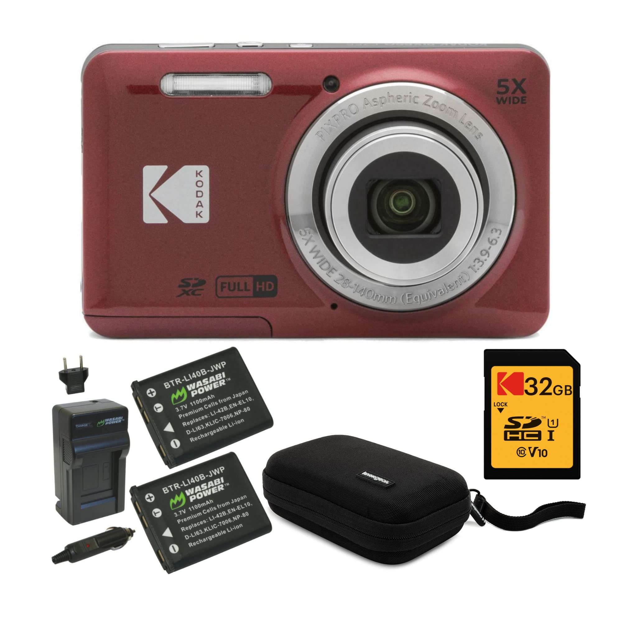 Kodak PIXPRO Friendly Zoom FZ55 Digital Camera (Red) Bundle with 32GB SD Card, Camera Case, and Battery Travel Charger (4 Items)