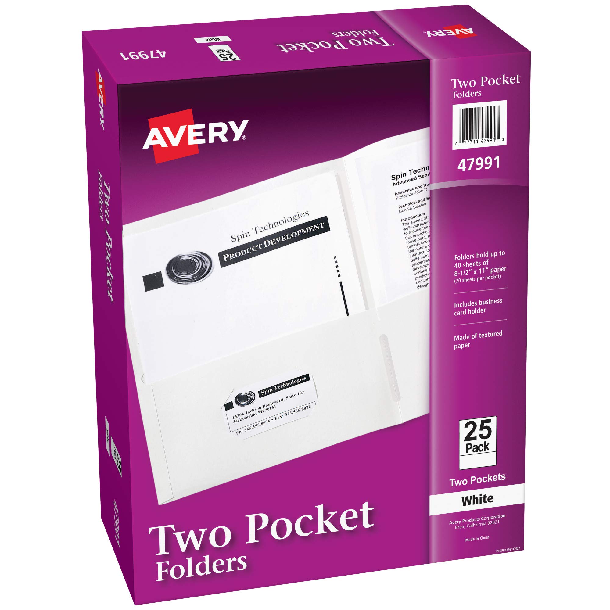Avery Two Pocket Folders, Holds up to 40 Sheets, Business Card Slot, 25 White Folders (47991)