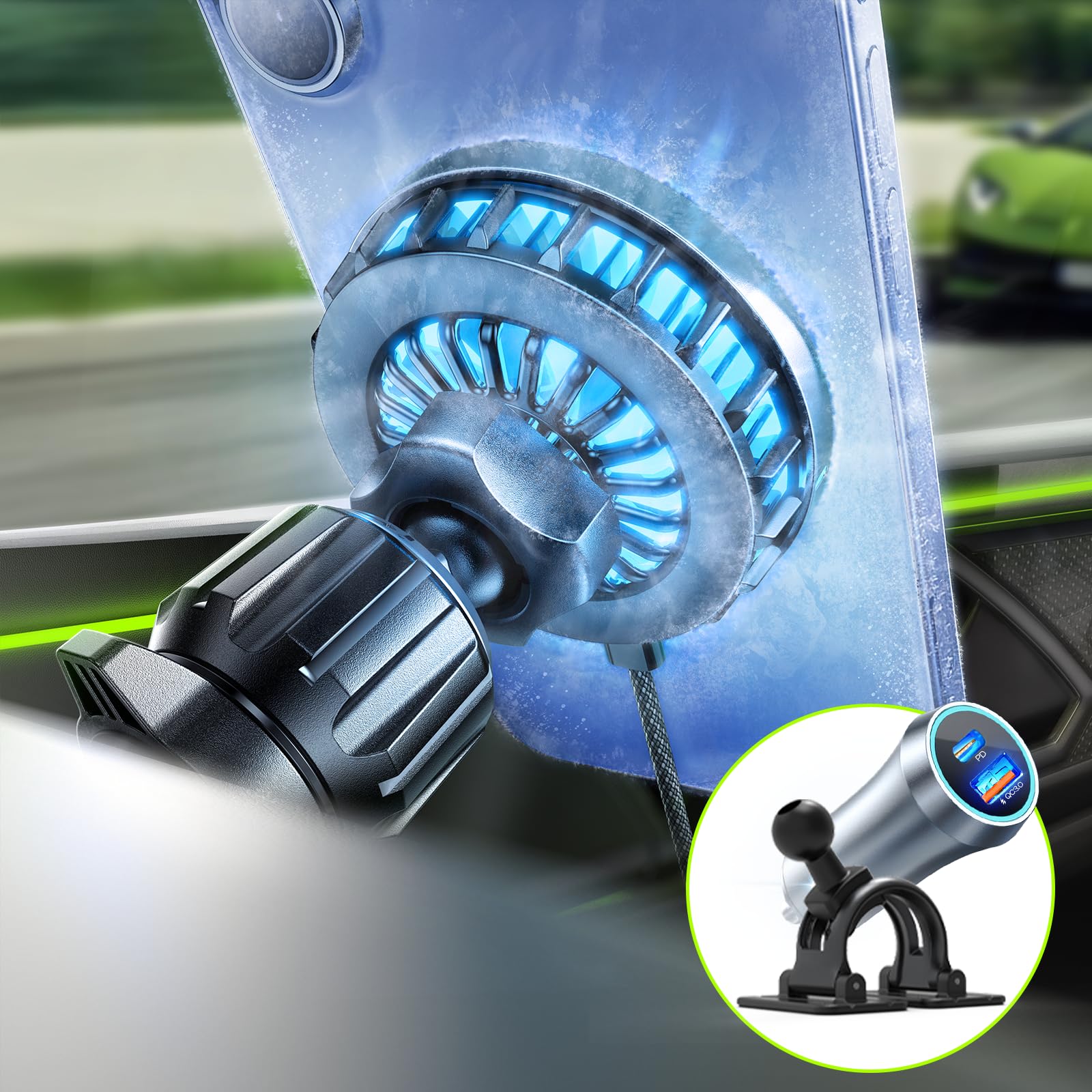 LISEN for 15W Qi2 MagSafe Car Mount Charger,【Rapid Cooling Drop 17 ℉ in Minutes】, iPhone 16 Charger Fast Charging for iPhone 16 Pro Max Accessories, Includes Vent/Dashboard Holder & Car Charger