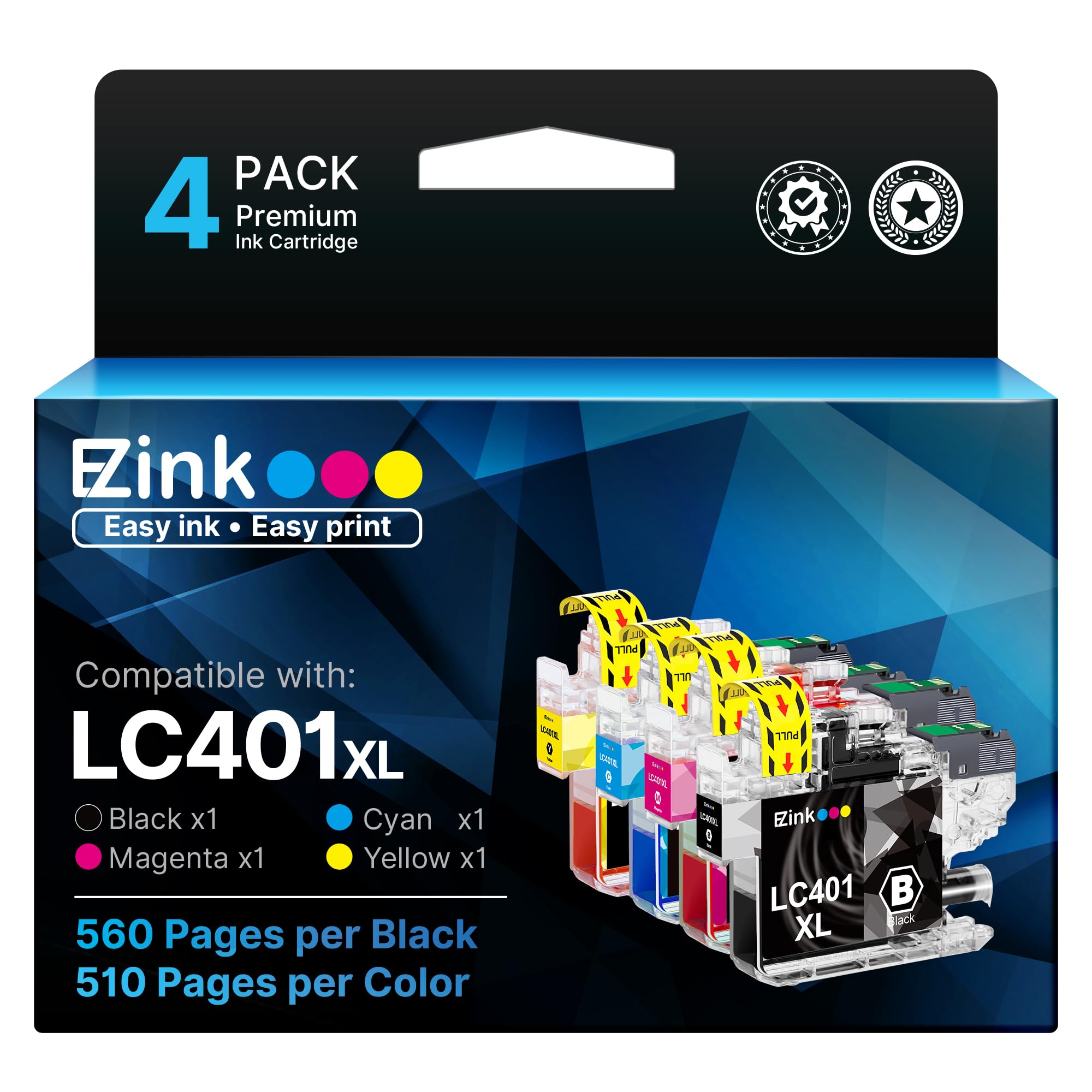 E-Z Ink Compatible LC401XL Ink Cartridge Replacement for Brother LC401 XL LC401XL LC 401 Ink High Yield to use with Brother MFC-J1010DW MFC-J1012DW MFC-J1170DW DCP-J1800DW DCP-J1140DW Printer (4 Pack)