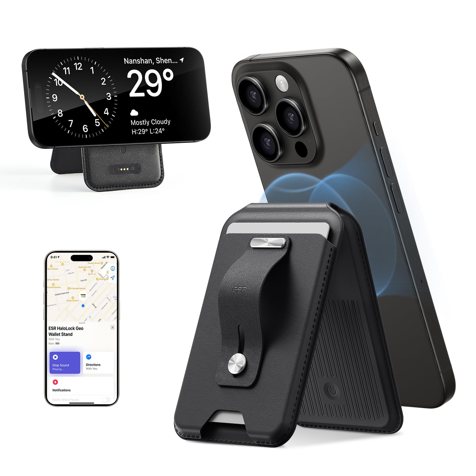 ESR for Magsafe Wallet with Full Find My Functionality, Magnetic Geo iPhone Wallet, Up to 3,000g Magnet Strength, Card-Holder with Adjustable Stand, for iPhone 16/15/14/13/12 Series, Black