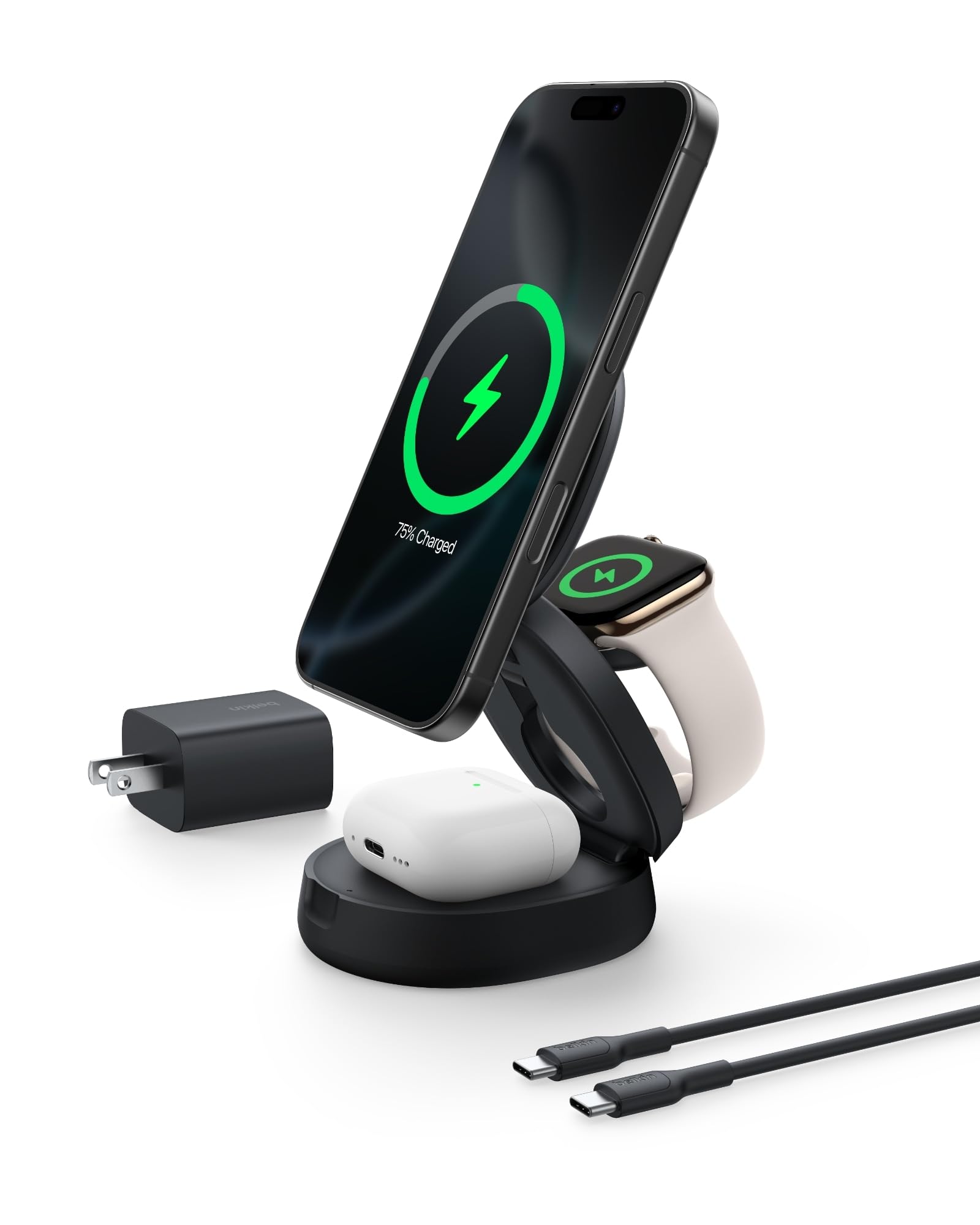 Belkin MagSafe Charger Compatible, 3-in-1 Qi2 Wireless Charging Station 15W, Convertible Wireless Charger for iPhone 16, Apple Watch, AirPods, Portable Phone Stand for Travel w/ 36W Adapter - Black