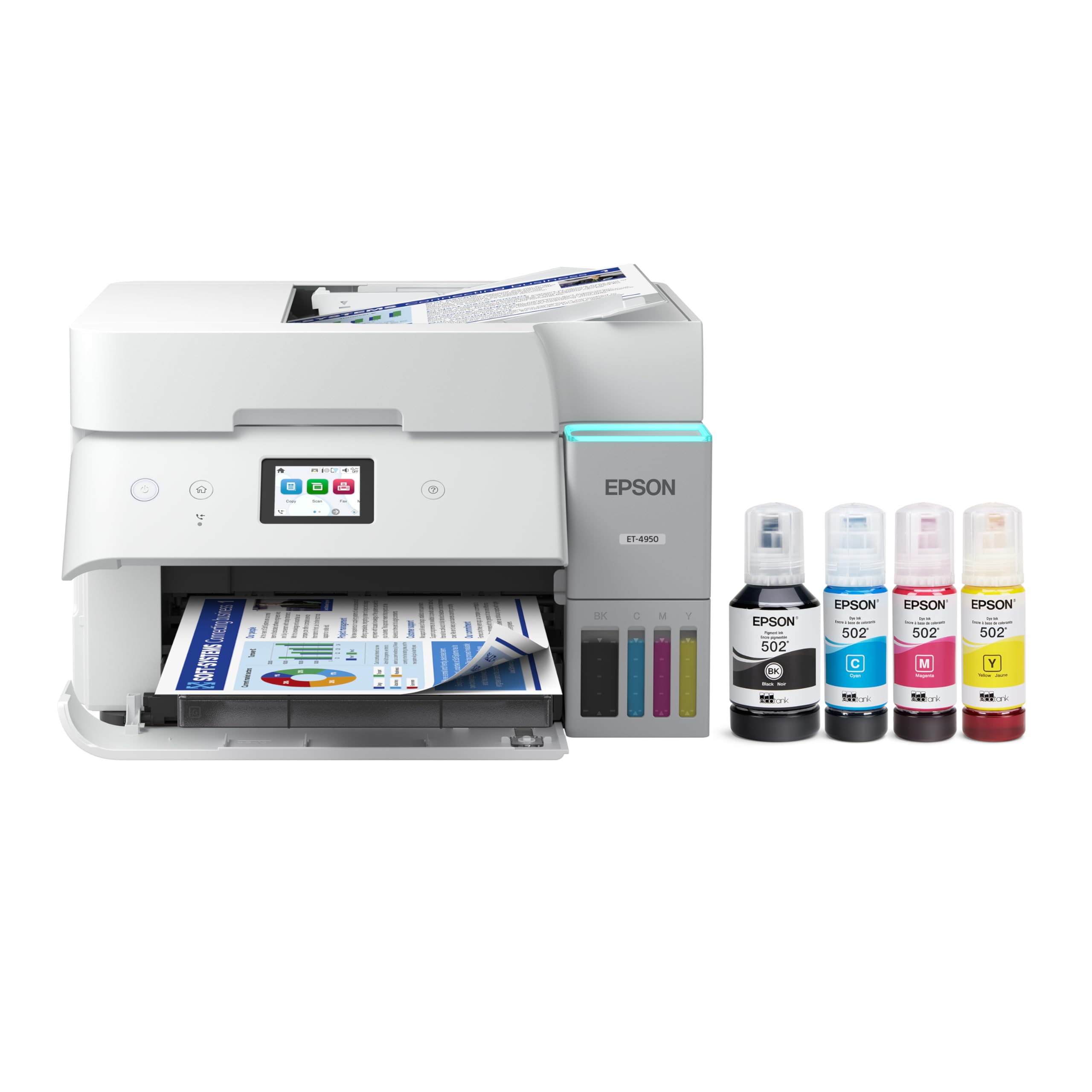 Epson EcoTank ET-4950 Wireless All-in-One Color Supertank Printer with up to 3 Years of Ink, Refillable Tanks, Perfect for Office, 18 PPM, 2.4" Color Touchscreen, Auto Document Feeder – White