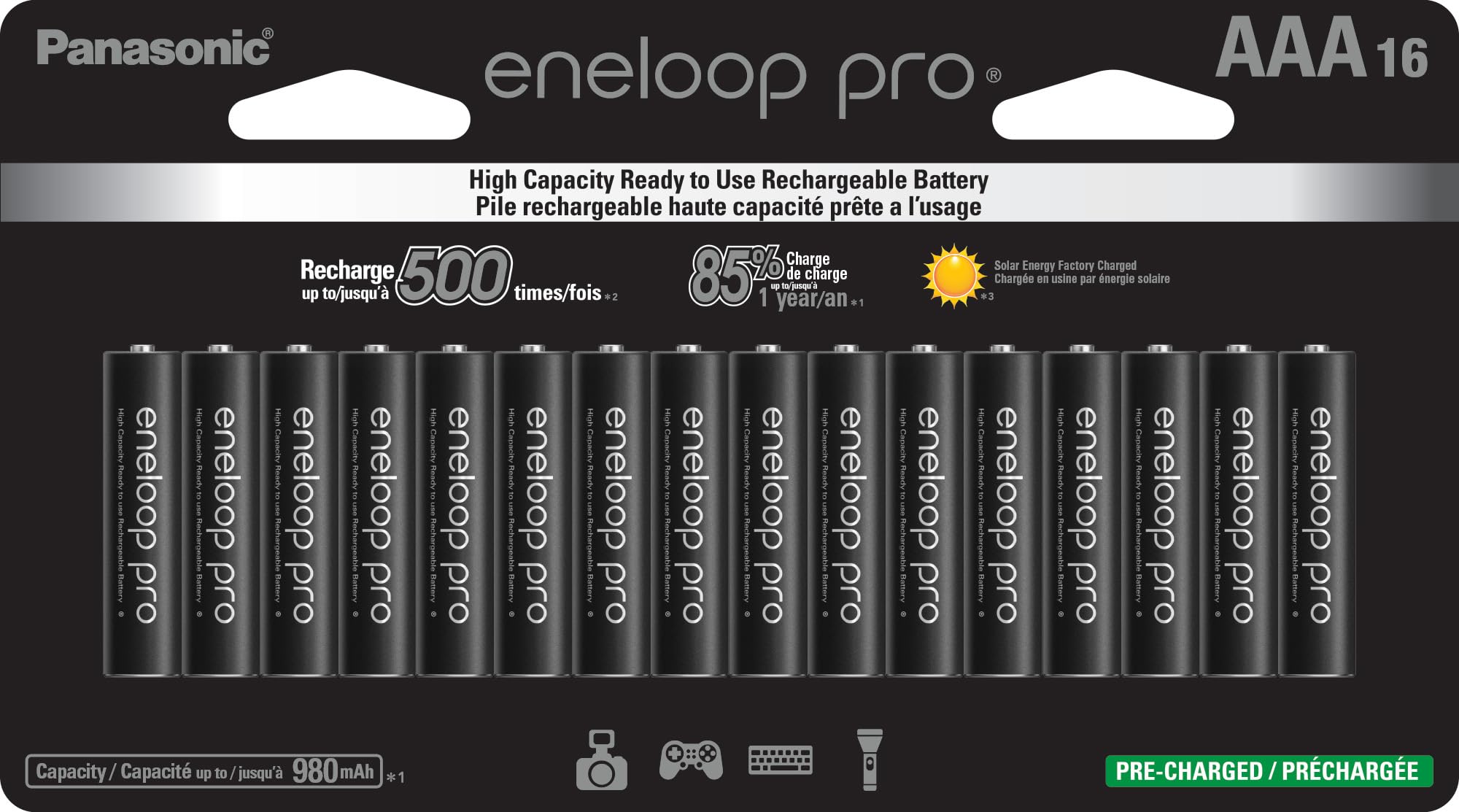 Eneloop Panasonic BK-4HCCA16FA pro AAA High Capacity Ni-MH Pre-Charged Rechargeable Batteries, 16-Battery Pack