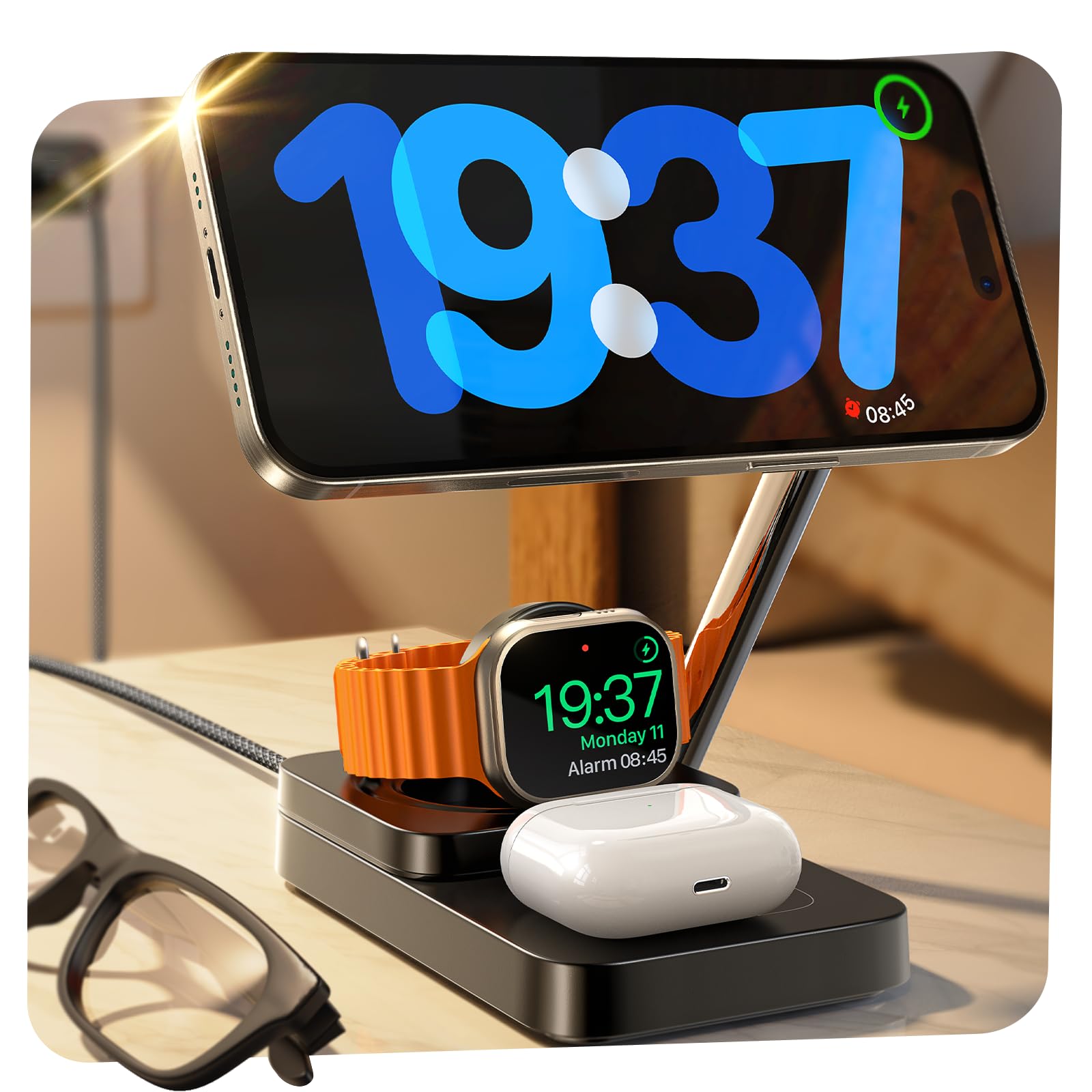 Lisen 3 in 1 Nightstand with Charging Station for Multiple Devices Apple Magsafe Charger,15W Travel Charger for iPhone and Apple Watch,Magnetic Wireless Charger for iphone 16 15 Pro Max iWacth AirPods