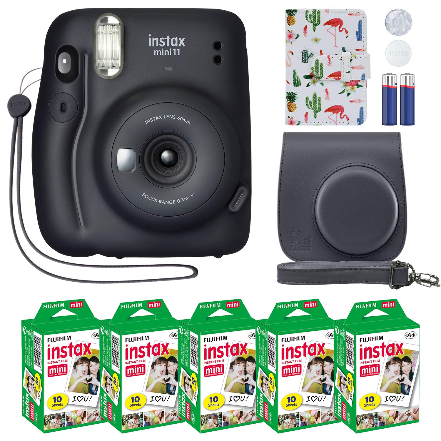 Fujifilm Instax Mini 11 Instant Camera Charcoal Gray + MiniMate Accessory Bundle & Compatible Custom Case + Fuji Instax Film Value Pack (50 Sheets) Flamingo Designer Photo Album