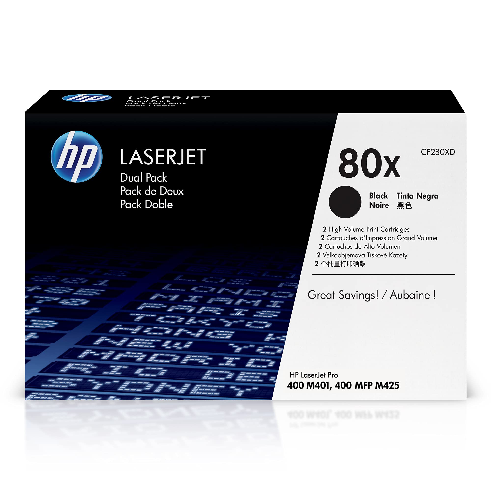 HP 80X Black High-yield Toner Cartridges for HP Printers (2-pack) | Works with LaserJet Pro 400 M401 Series, LaserJet Pro 400 MFP M425 Series | CF280XD