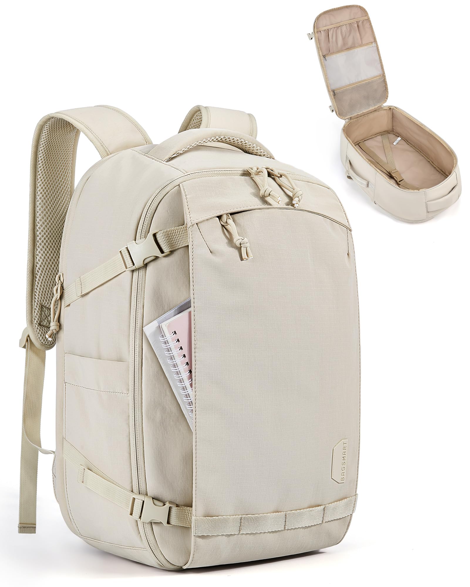 BAGSMART Blast Travel Backpack, 15.6 Inch Carry On Backpack Flight Approved, TSA Approved Personal Item Travel Bag, Water Resistant Weekender Bag Luggage Daypack, Beige