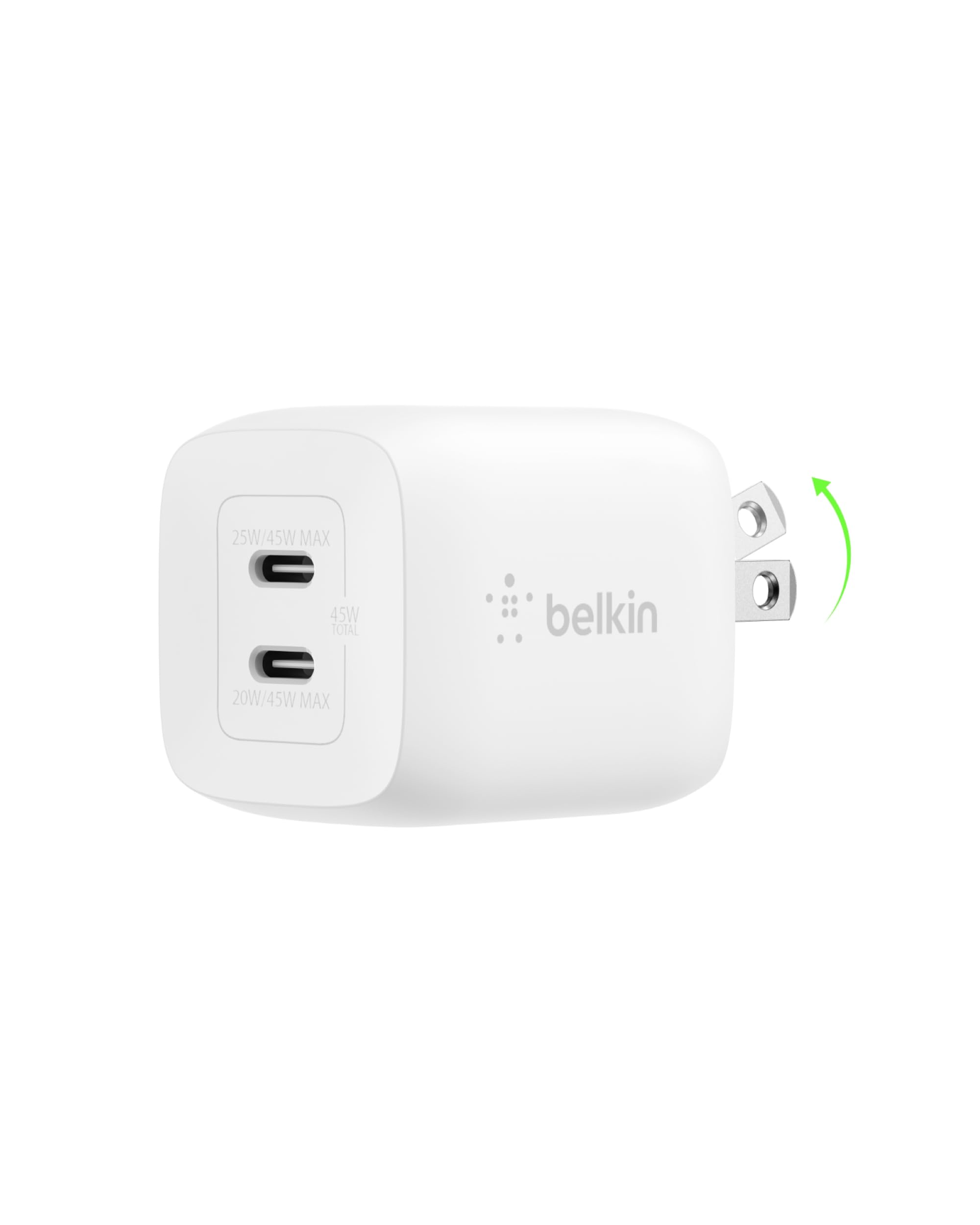 Belkin 45W Dual USB C Charger Block, Super Fast Charging PD3.0 w/ GaN Technology - Samsung Galaxy S25, Apple iPhone 16, 15, 14, 13, Pro, Pro Max, iPad, MacBook, Nintendo Switch 2 & More - White
