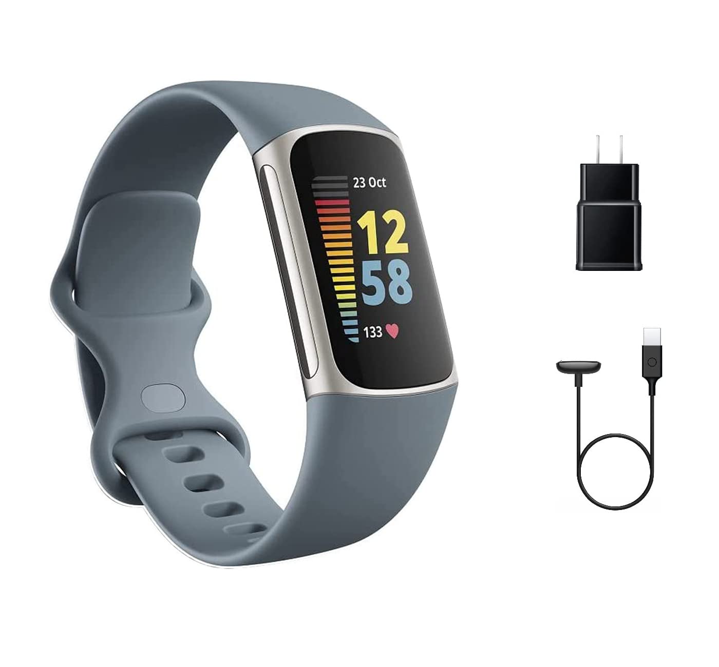 Fitbit Charge 5 Advanced Fitness Tracker with GPS, Heart Rate, Sleep & Health Tracker - Power Bundle with Adapter (Blue Stainless Steel)