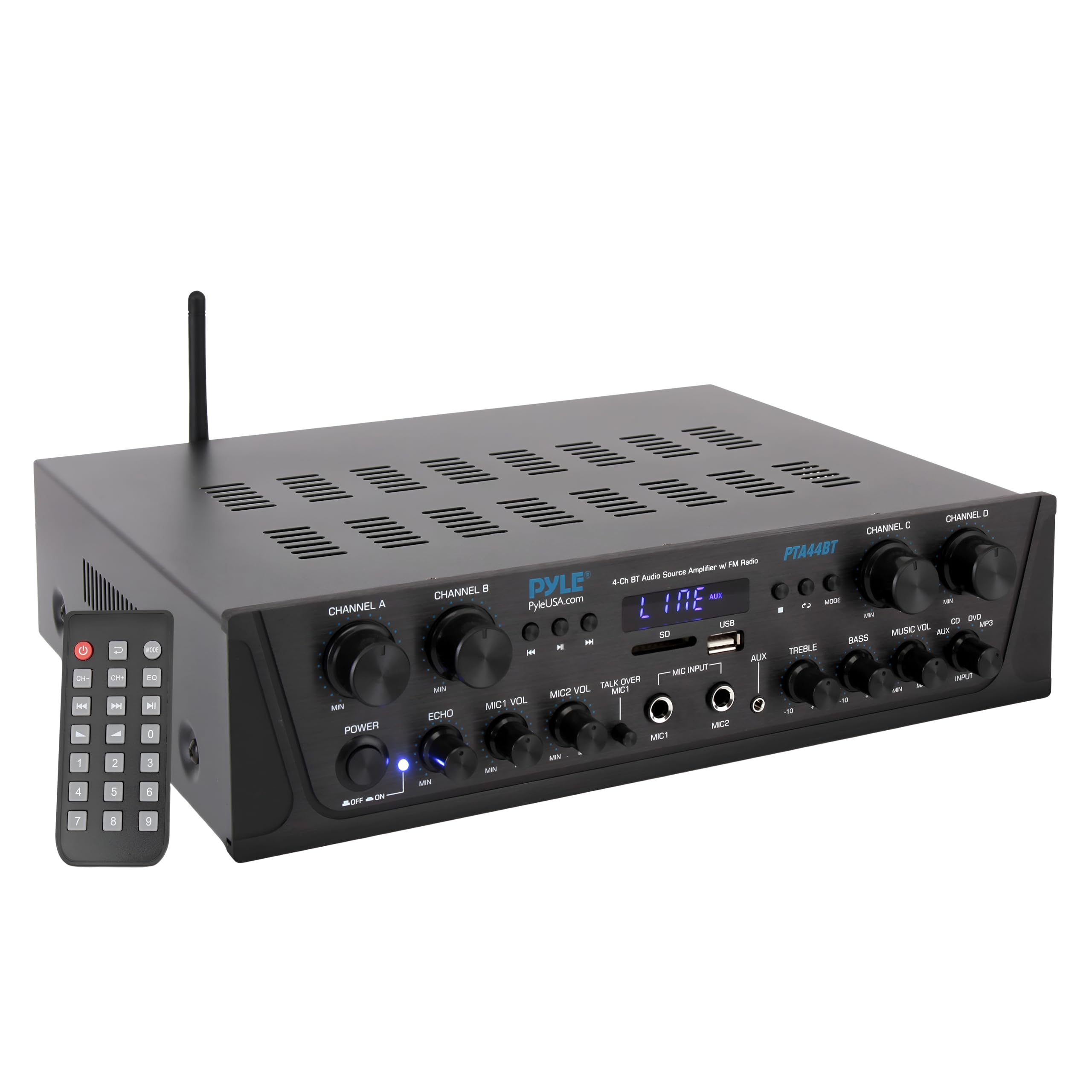 Pyle 500W 4-Channel Karaoke Bluetooth Amplifier - Home Theater Audio Receiver with AUX - FM - RCA Subwoofer Output - USB - Microphone Input with Echo for Wireless Music Streaming - PTA44BT