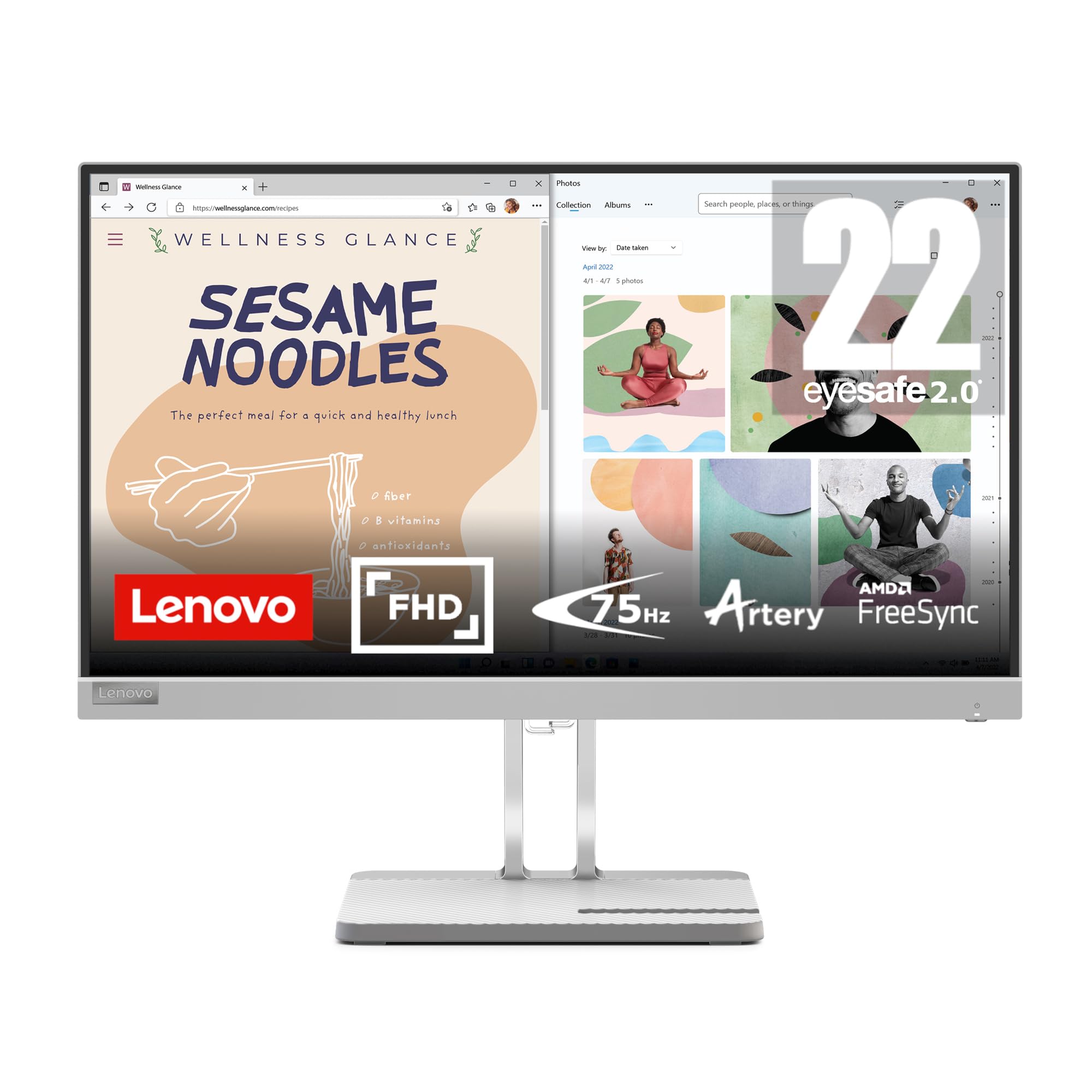 Lenovo L22e-40 Monitor, 21.45” FullHD Resolution, 250 nits Brightness, 75Hz Refresh Rate, AMD FreeSync, HDMI and VGA Ports, Tilt-Adjustable Stand, Natural Low Blue Light, Cloud Grey