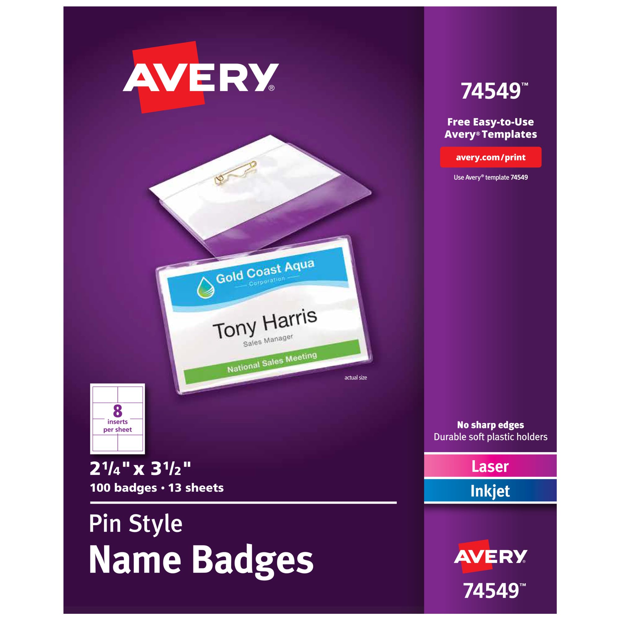 Avery Customizable Name Badges, Pin Style, 2.25" x 3.5", Clear Name Tag Holders, White Laser/Inkjet Printable Inserts, 100 Total (74549)