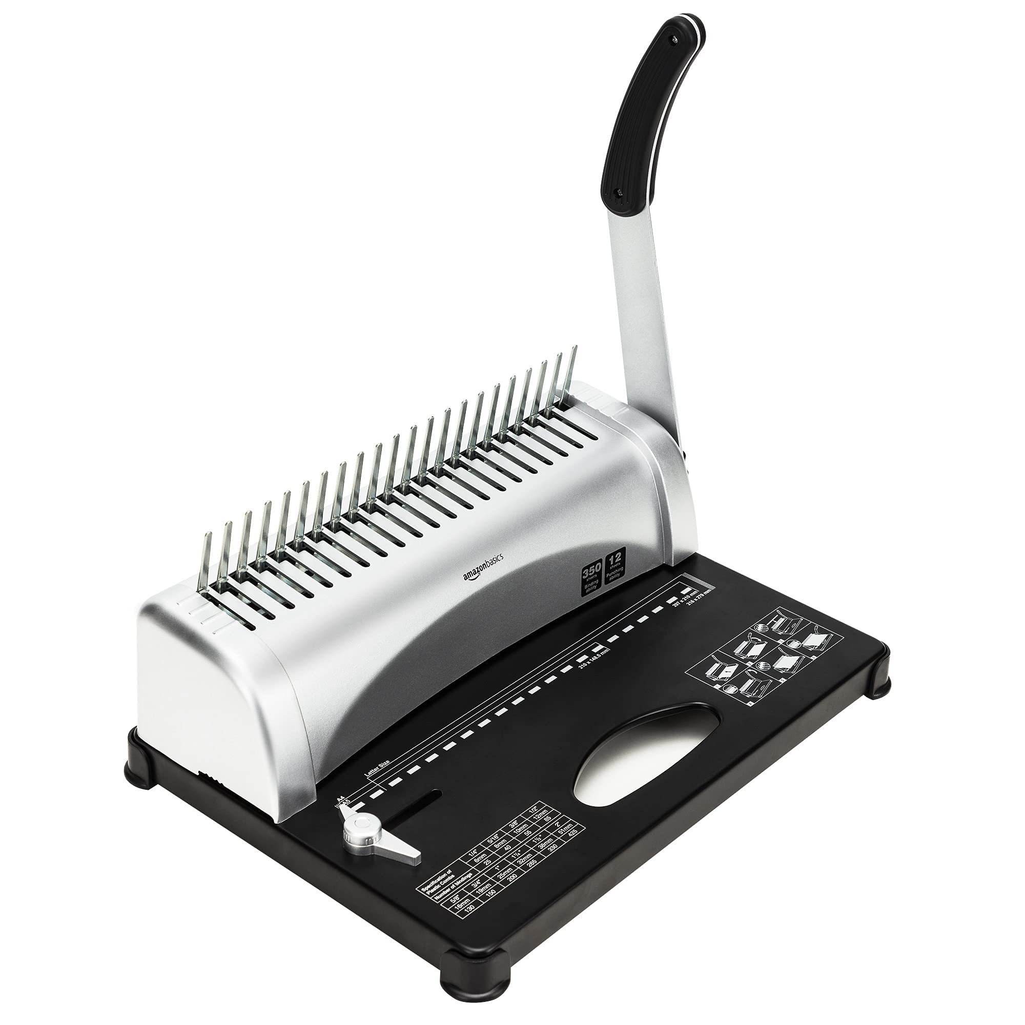 Amazon Basics Comb Binding Machine, 350 Sheets Capacity, for paper sizes A5(15 holes)/Letter(19 holes)/A4(21 holes) with Adjustable Margin, Grey