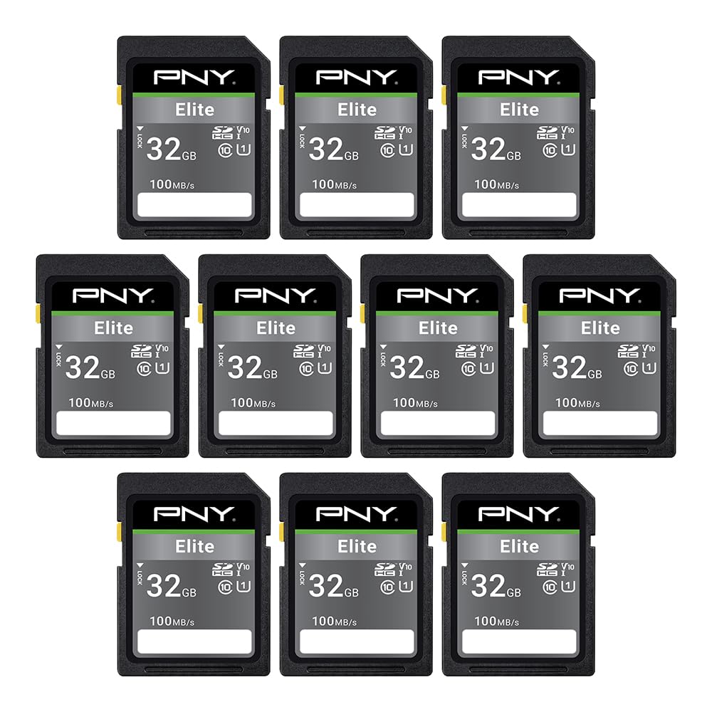 PNY 32GB Elite Class 10 U1 V10 SDHC Trail Camera Flash Memory Read Up to 100MB/s, UHS-I, HD Photo, HD Video, for Outdoor Cameras, DSLR Cameras, Tactile Use, Wildlife Enthusiasts, 10-Pack