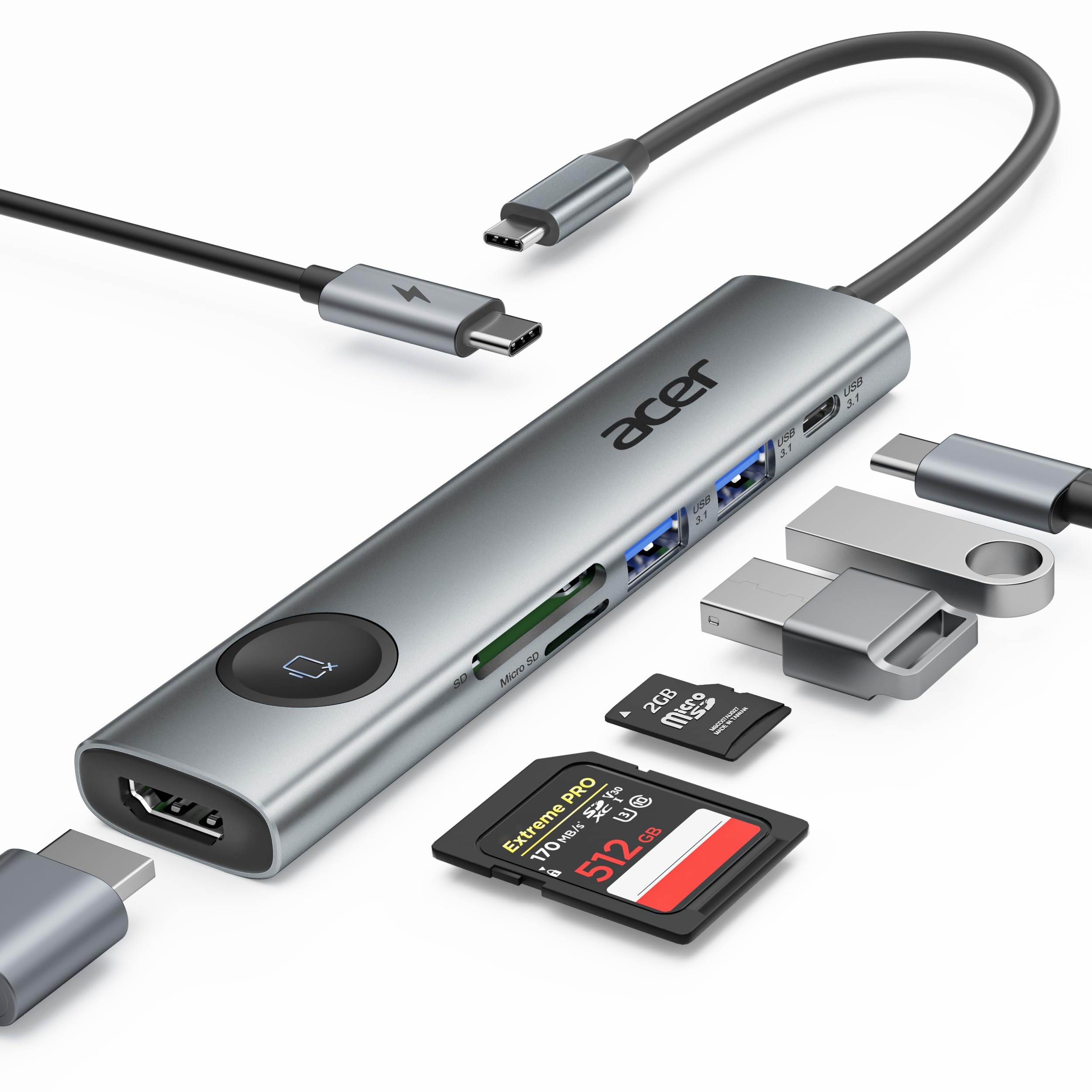 Acer USB C to HDMI Multiport Adapter, 7 in 1 USB-C Hub with HDMI 4K@60Hz, 100W PD, 2 USB-A 3.1 and 1 USB C 3.1 with 5Gbps, SD Card Reader, Type C Dongle for MacBook Pro/air, iPad, iPhone 16/15, Grey
