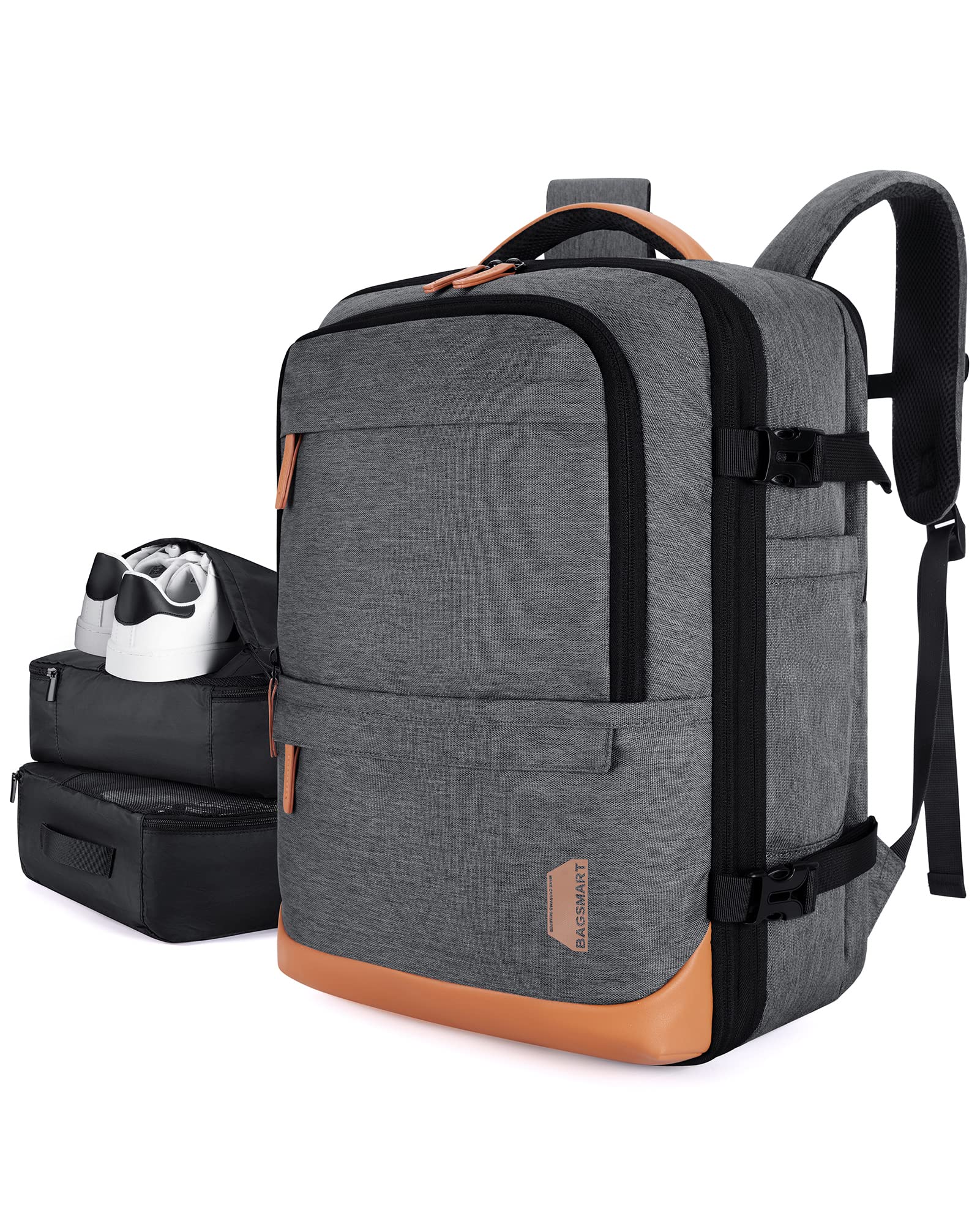 BAGSMART Compression Travel Backpack, Expandable Carry On Backpack with Packing Cubes, Water Resistant Weekender Backpack Fits 17 Inch laptop, Luggage Daypack with Shoe Bag, Grey