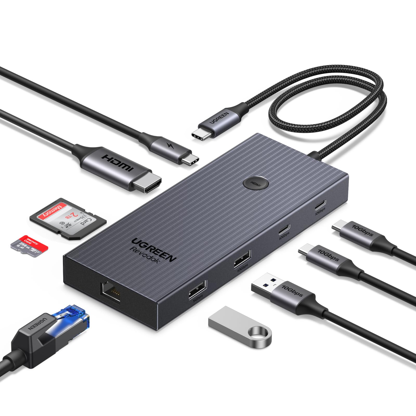 UGREEN Revodok Pro 9 in 1 USB C Hub Gigabit Ethernet Adapter 4K@60Hz HDMI, 100W PD Charging, USB A Data Ports, SD/TF Card Reader Compatible with Mac M1, M2, M3,M4, Steam Deck