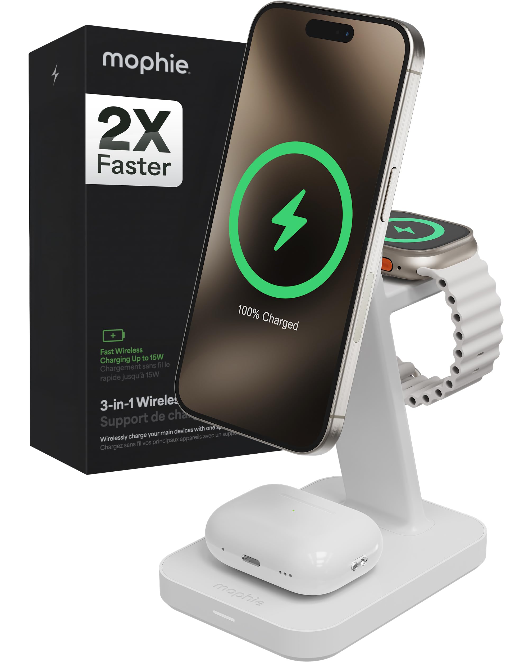 Mophie Snap+ 3-in-1 Wireless Charging Stand - MagSafe & Qi2 Certified, Compatible with iPhone 16/15/14/13/12, Apple Watch, AirPods - Multi-Device Magnetic Charging Station, Eco-Friendly Design, White