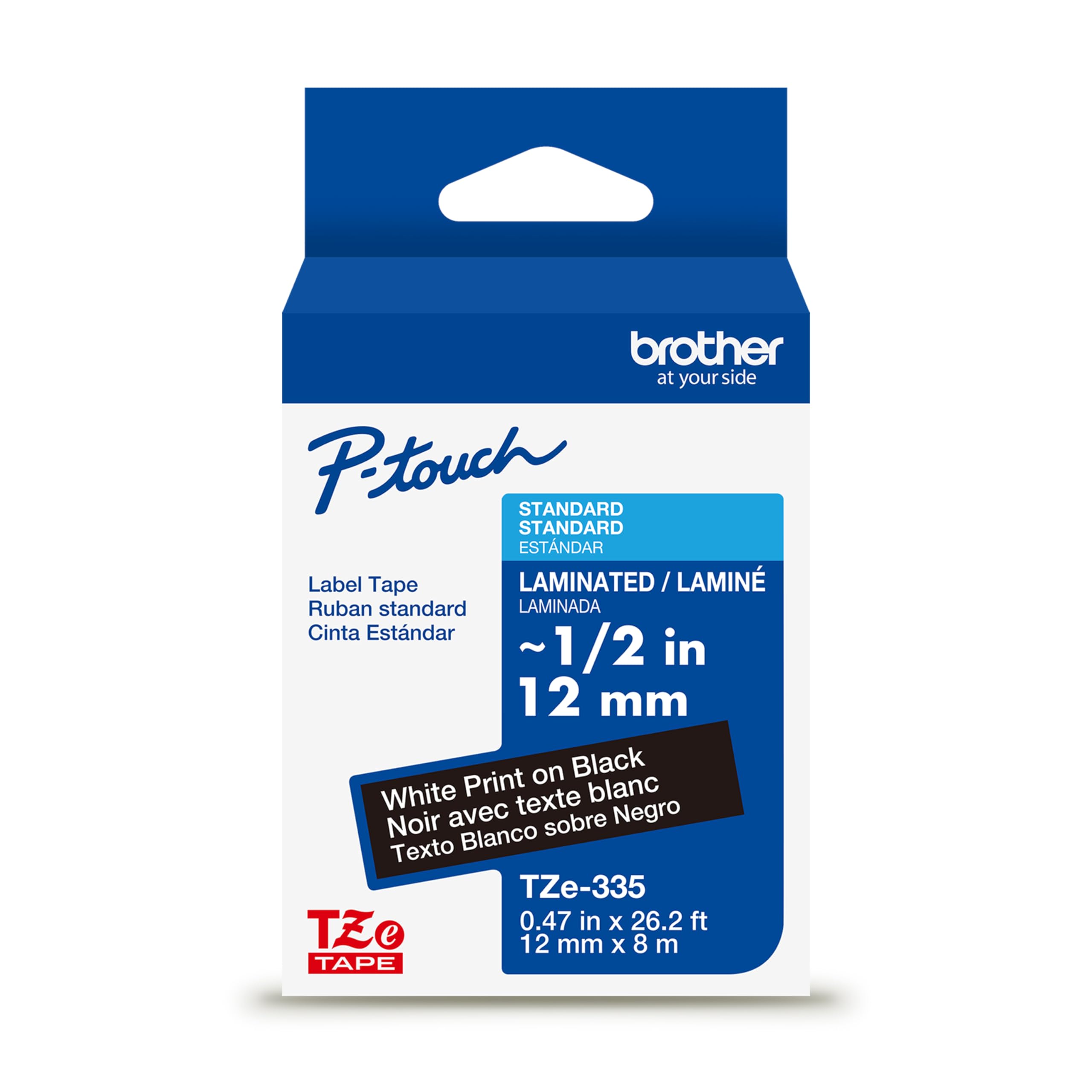 Brother Genuine P-Touch TZe White Print on Black Label Tape (TZe335), Laminated,1/2in x 26.2ft (12mm x 8m), for Select P-Touch Label Makers, Durable, Water-Resistant, Indoor/Outdoor Use