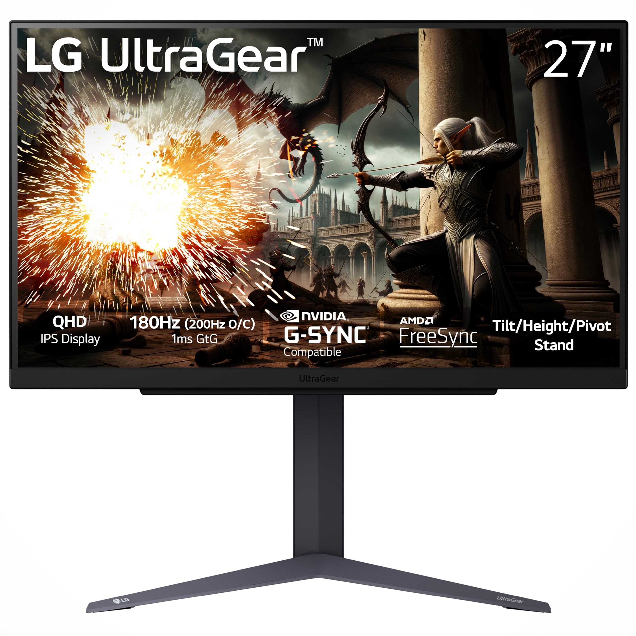 LG 27GS75Q-B 27-inch Ultragear QHD (2560x1440) Gaming Monitor, 180Hz (O/C 200Hz), 1ms, IPS, NVIDIA G-SYNC Compatible, AMD FreeSync, HDR10, Tilt/Height/Pivot Stand, HDMI, DisplayPort, Black