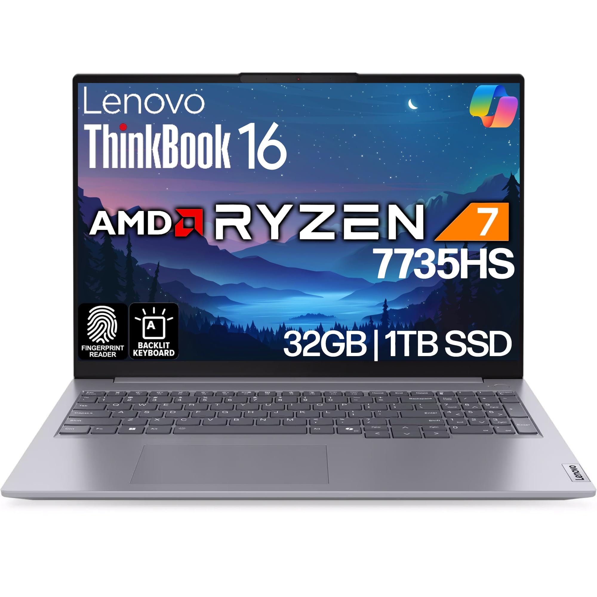 Lenovo ThinkBook 16 G7 Business Laptop, 16” FHD+, AMD Ryzen 7 7735HS, 32GB DDR5, 1TB NVMe, WiFi 6E + BT, Backlit KB, Fingerprint, HD Webcam, Win 11 Pro
