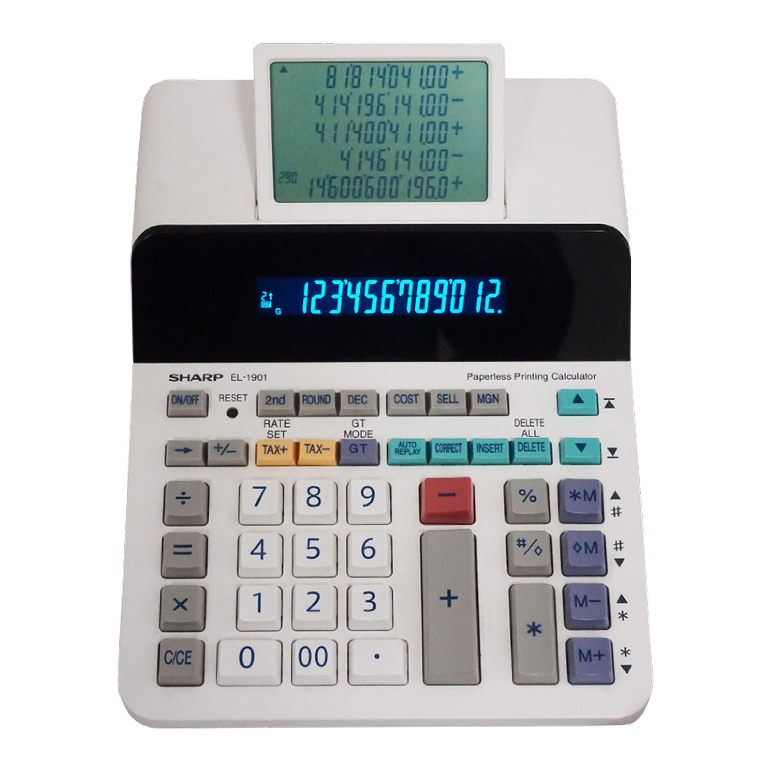 Sharp Paperless Printing Desk Calculator w/Check and Correct, Large 12-Digit LCD Primary Display, Printing Calculator/Adding Machine with Scrolling LCD Display Replacing Paper (EL-1901)