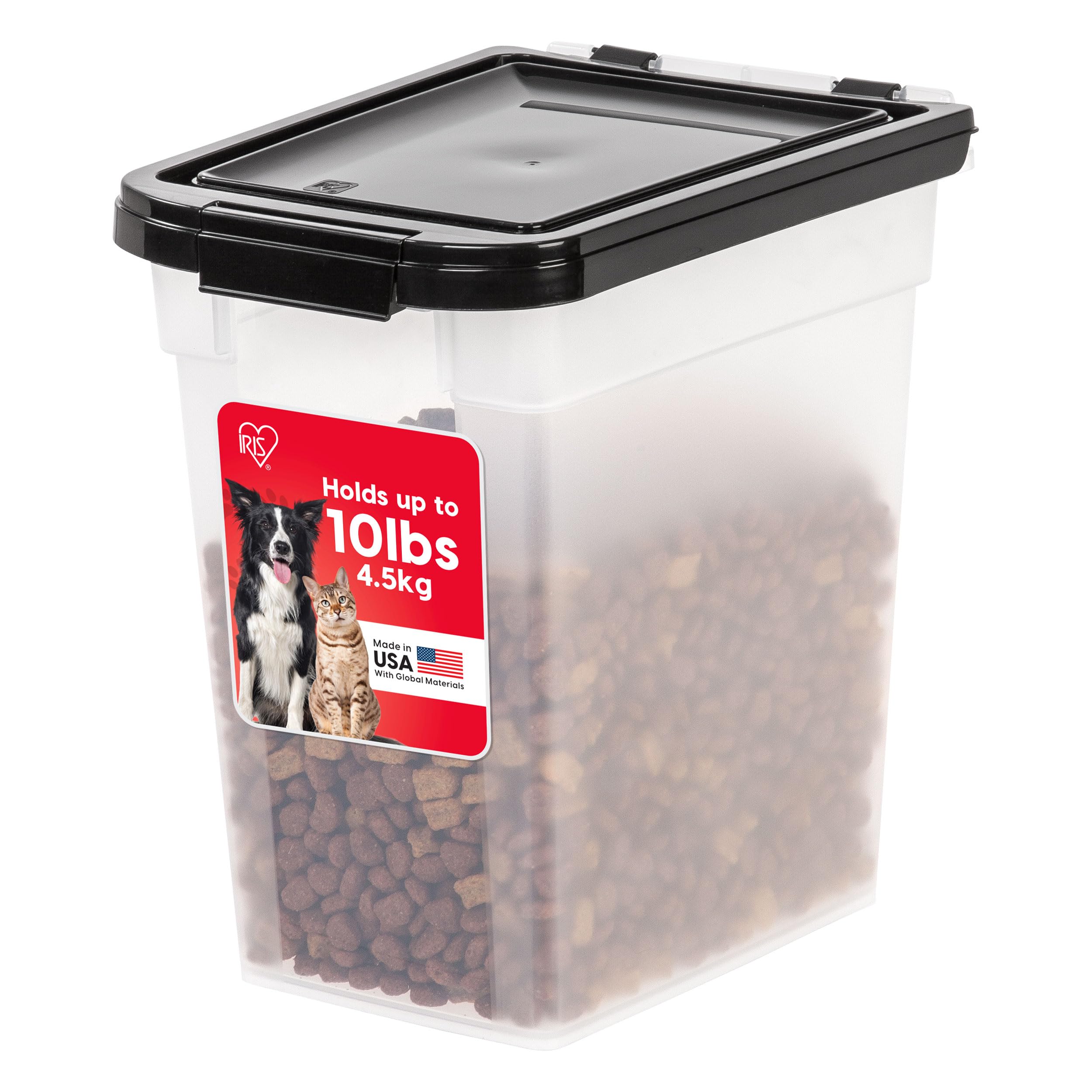 IRIS USA Airtight Dog Food Storage Container, WeatherPro, Up to 10 lbs, For Dog Cat Bird and Other Pet Food Storage Bin, Keep Fresh, Translucent Body, Made in USA, Clear/Black