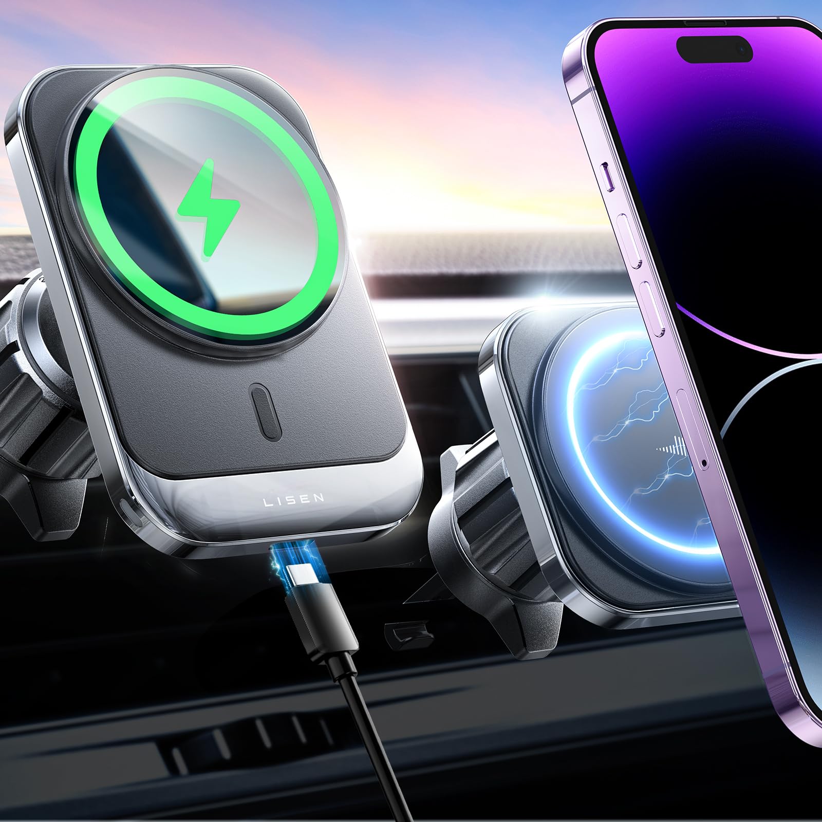 LISEN for MagSafe Car Mount Charger for iPhone 16, 15W Wireless Universal Vent Charger for iPhone 16 Car Accessories Magnetic Phone Holder Mount, Fits iPhone 16 15 Pro Max