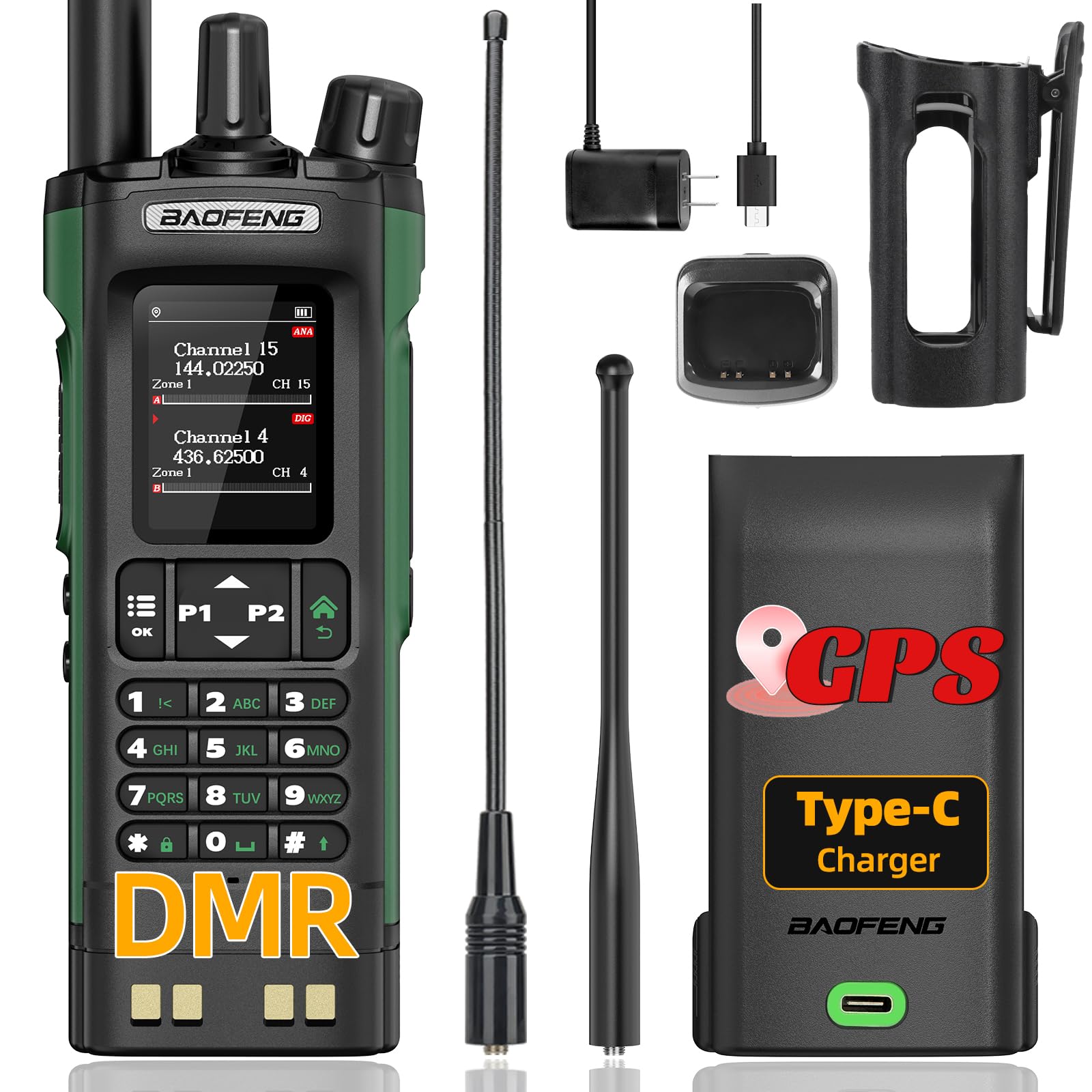 Ham Radio BAOFENG DM32 DMR Radio Handheld Rechargeable Walkie Talkies Long Range DM32UV 5RM Two Way Radio NOAA Weather Radio with GPS, Copy Frequency 2500mAh Battery USB-C Charging with Radio Holster