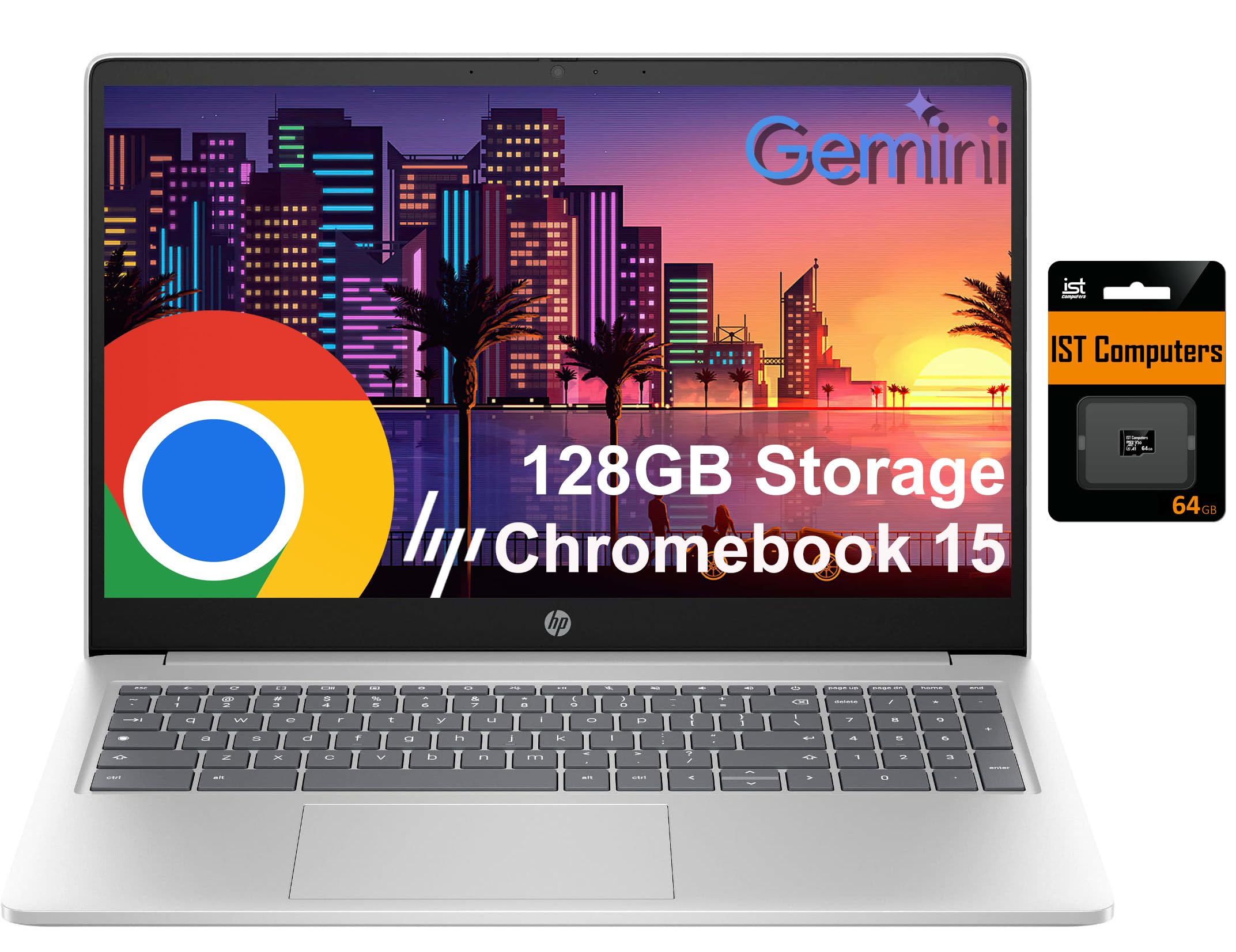 HP Chromebook Laptop 15 ( 15.6" Anti-Glare, Intel N200 (> i3-1115G4), 8GB DDR5 RAM, 128GB Storage (64GB eMMC + 64GB SD Card), Numeric KB) Home & Student, Webcam w/Shutter, Wi-Fi, Chrome OS, Silver