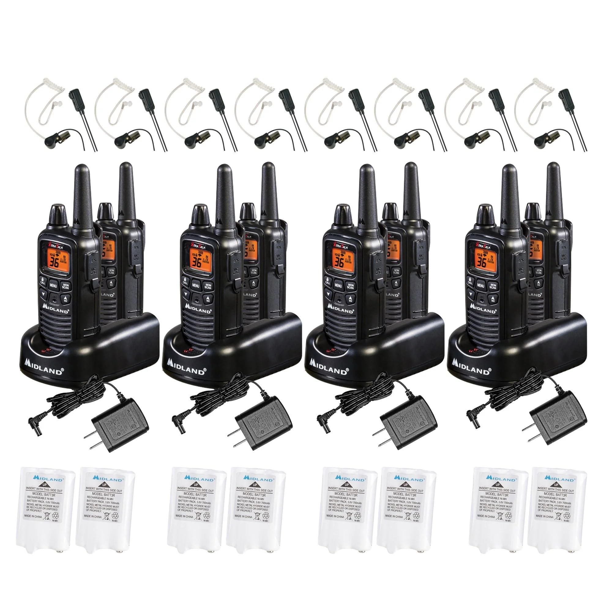 Midland LXT600BBX4 FRS Business Walkie Talkies - Long Range 36-Channel Two-Way Radios with Headsets and Charging Base, NOAA Weather Alerts (8-Pack, Black)