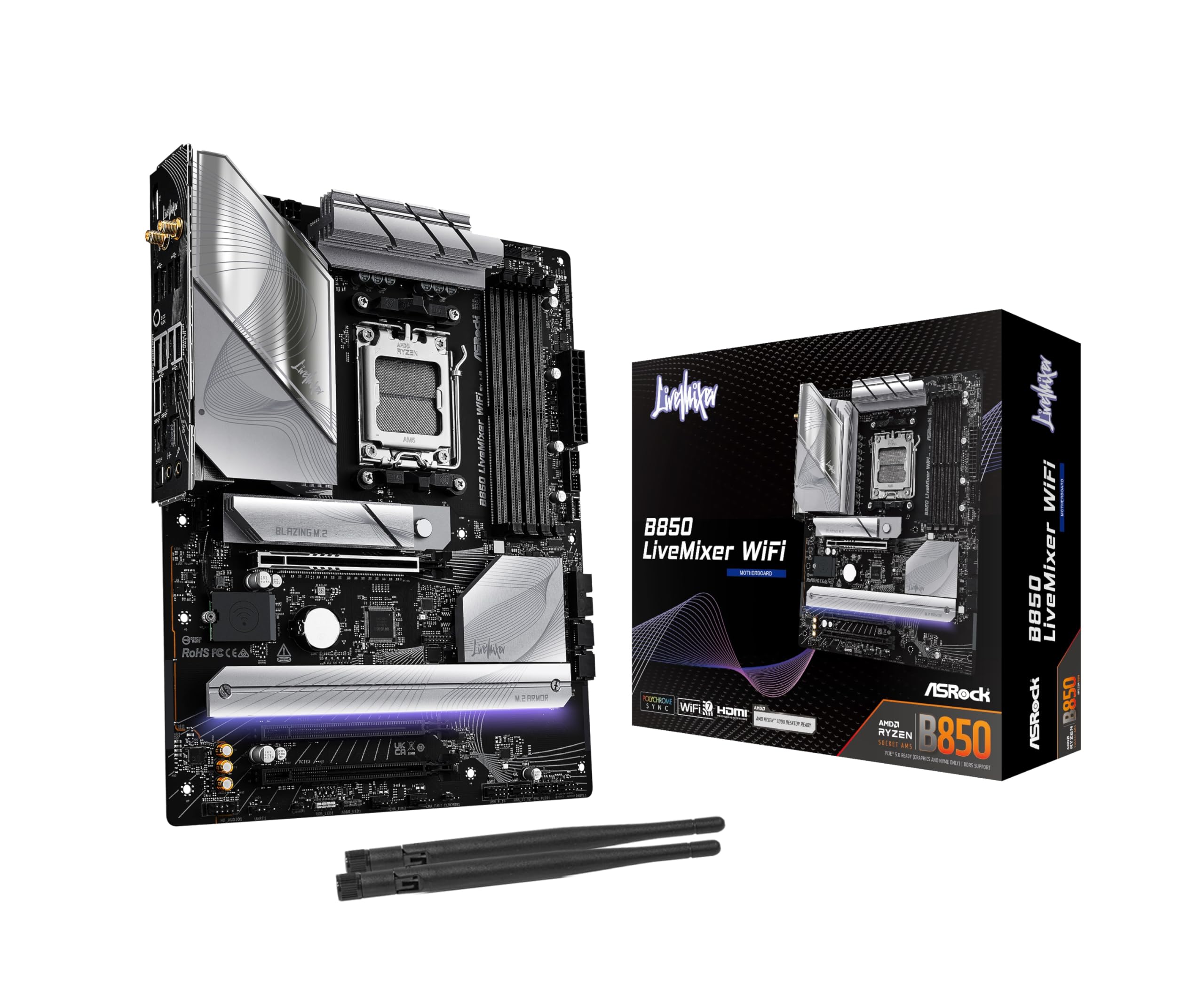 ASRock AMD B850 LiveMixer WiFi 7 Socket AM5 Ryzen 9000/8000/7000 Series DDR5 8000+ (OC) MHz 256GB ATX Motherboard M.2 SATA3 6.0 Gb/s PCIe 5.0 BIOS Flashback 1 HDMI 1 DisplayPort