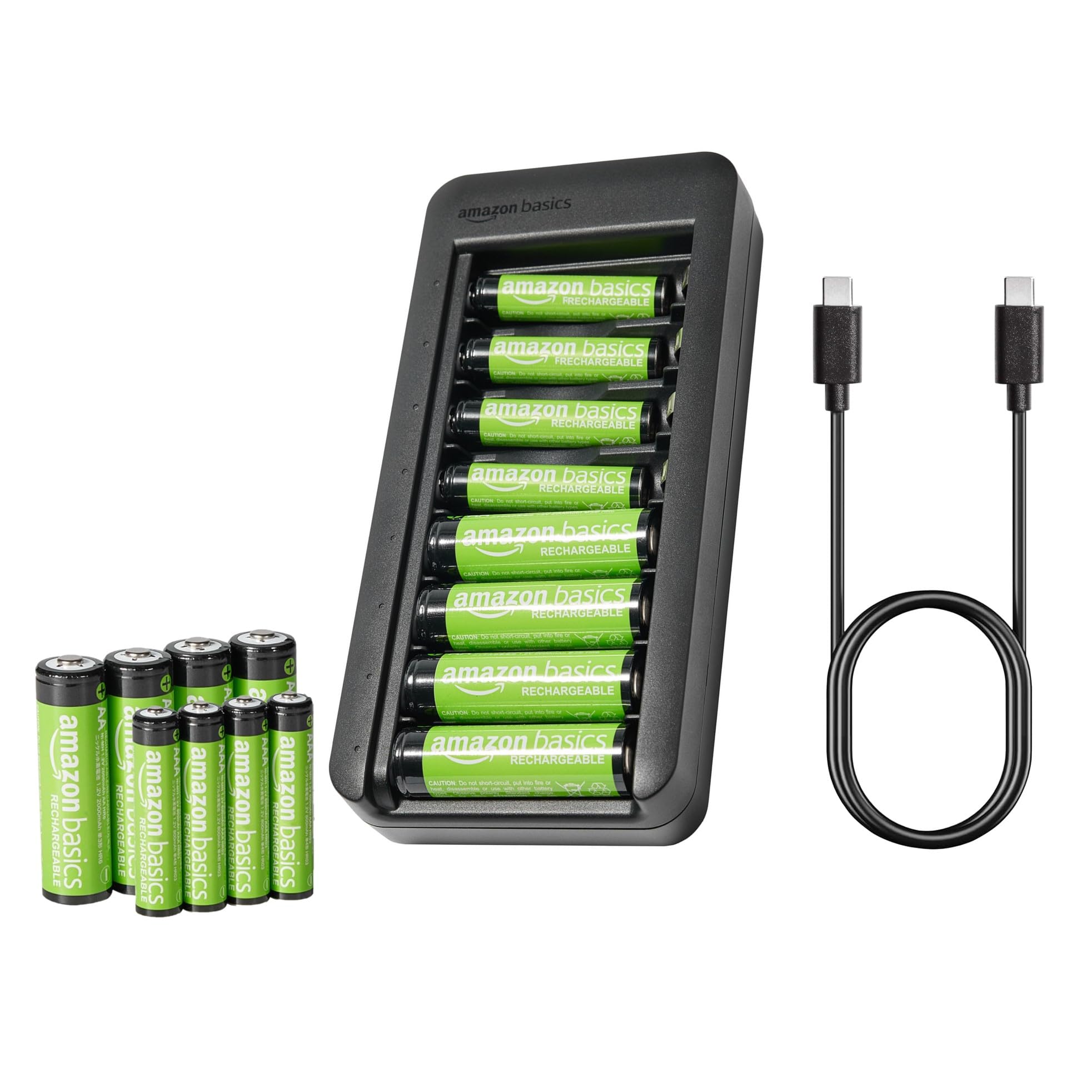 Amazon Basics Rechargeable NiMh Battery with Bay Charger, 8 AAA 800mAh + 8 AA 2000mAh, No AC Power Adapter, USB C Port, Pack of 16, Black