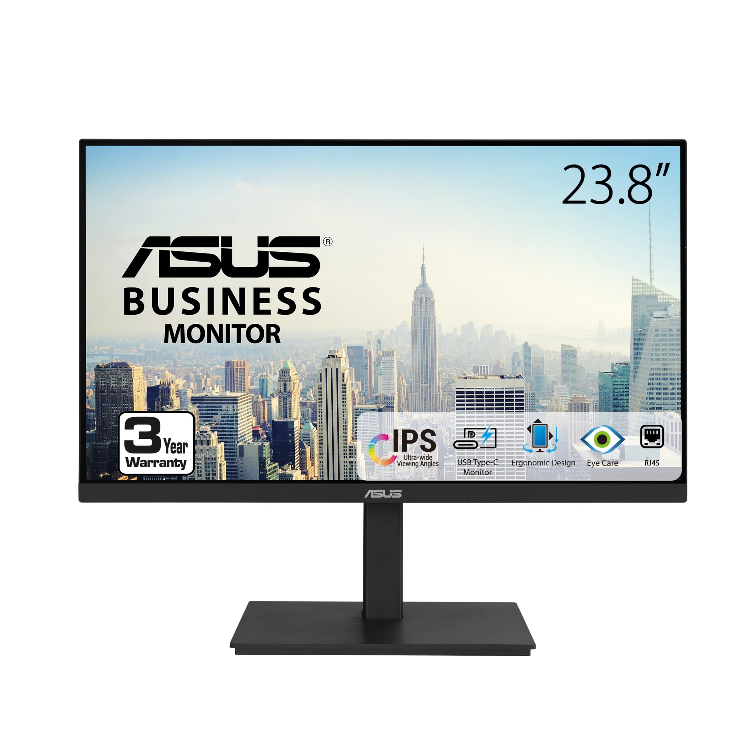 ASUS 23.8” 1080P Docking Monitor (VA24ECPSN) - Full HD, IPS, 75Hz, Adaptive-Sync, Speakers, Eye Care, Low Blue Light, Flicker Free, USB-C, RJ45, HDMI, Frameless, Height Adjustment, VESA Wall Mountable